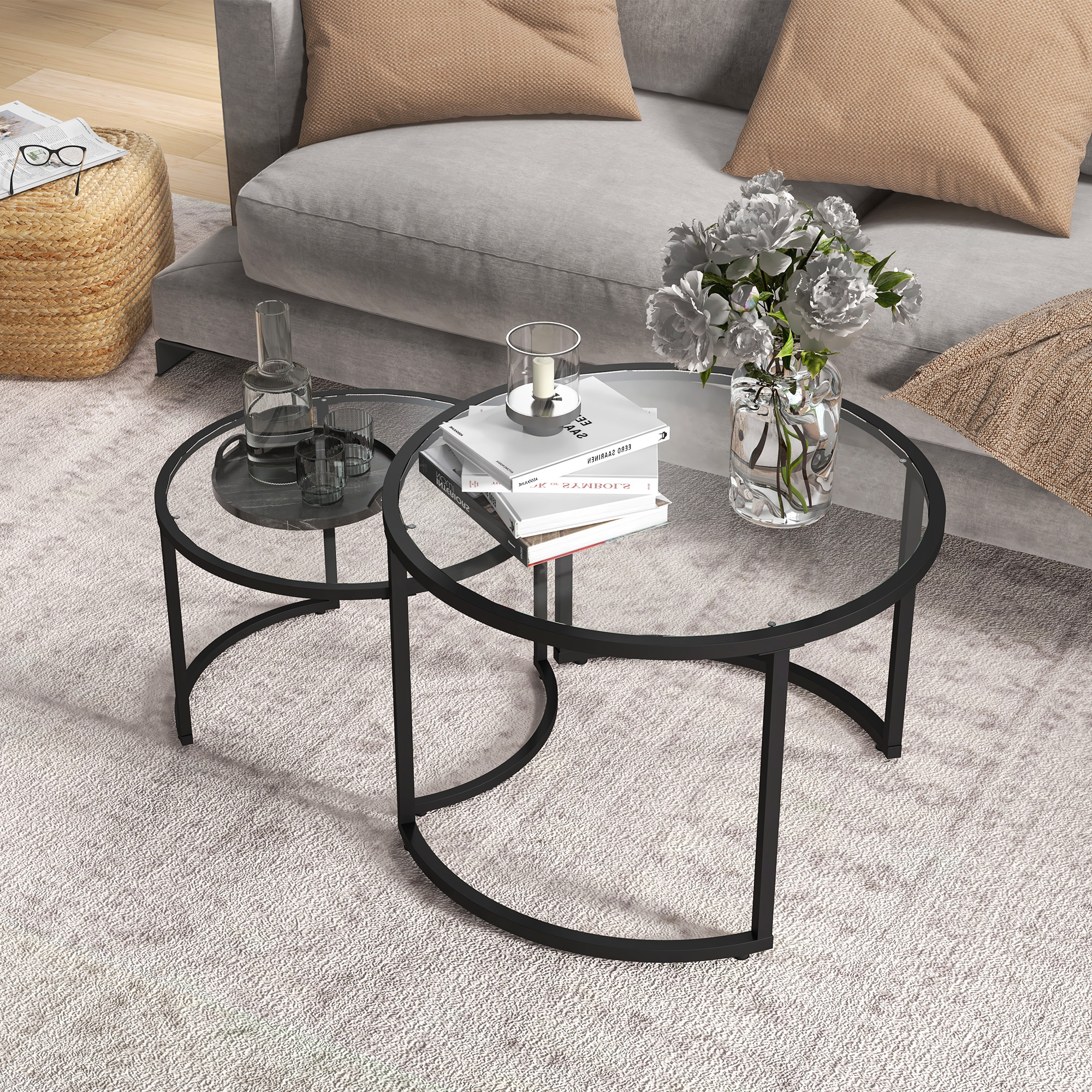 2er-Set Beistelltische Couchtische Industrie-Design, Glastische, stapelbar, Schwarz + Transparent