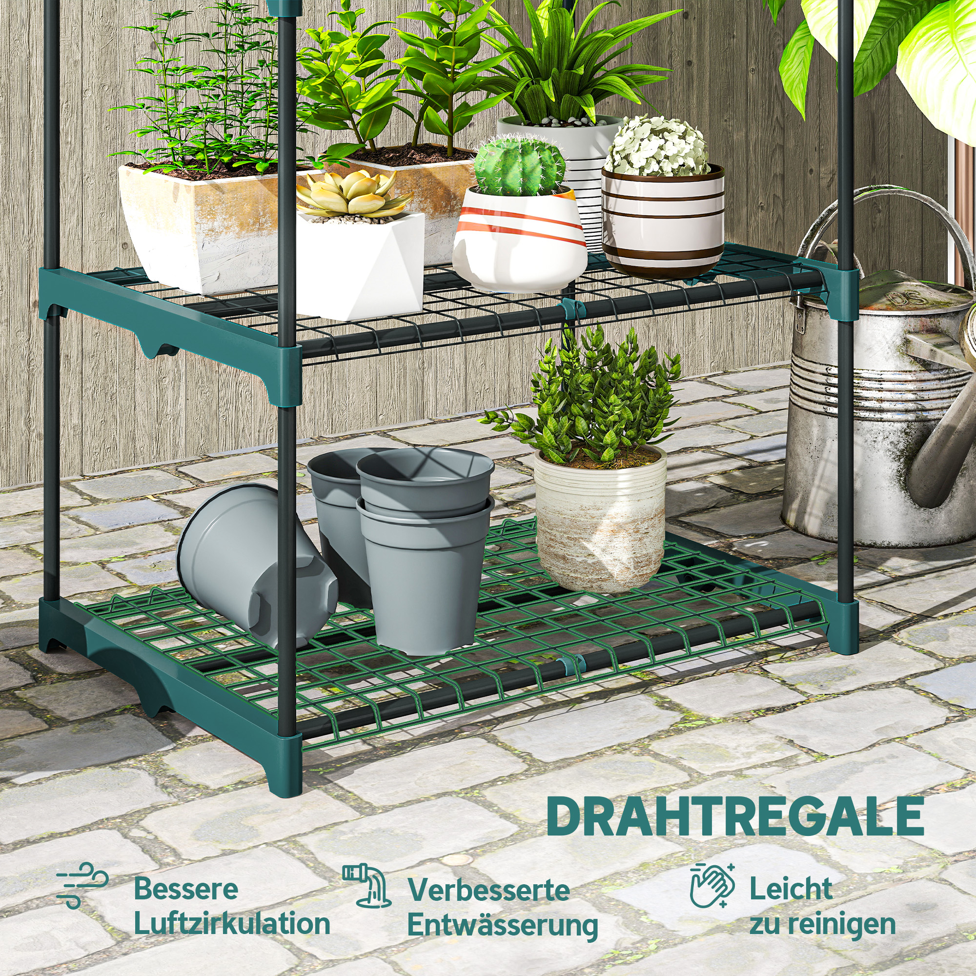 3-Etagen Pflanzenständer, 72 cm hoch Blumenständer für Innen Außen, Pflanzenregal aus Stahl Dunkelgrün