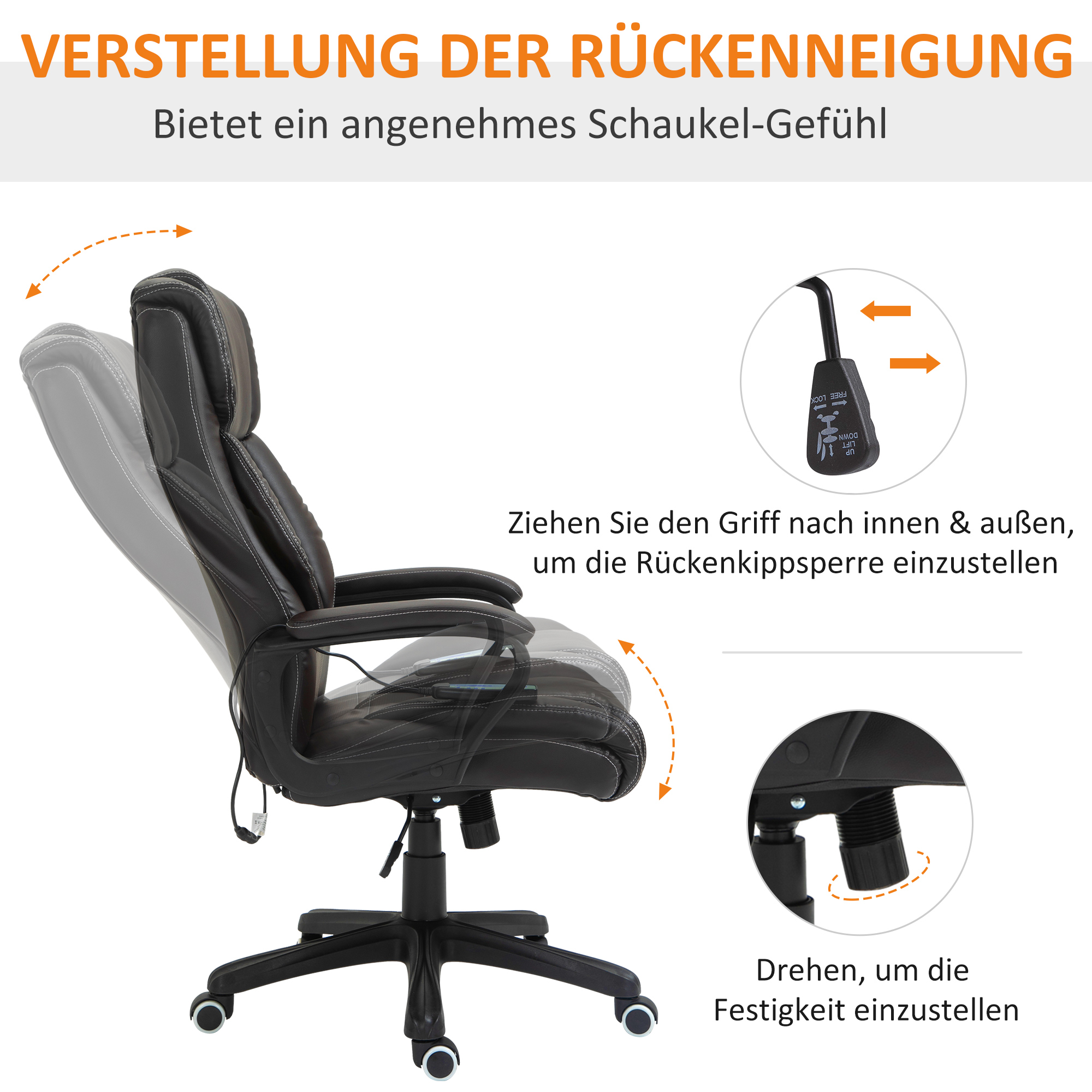 Bürostuhl mit Massagefunktion, höhenverstellbarer Chefsessel, ergonomischer Drehstuhl, 6 Vibrationspunkte, Braun