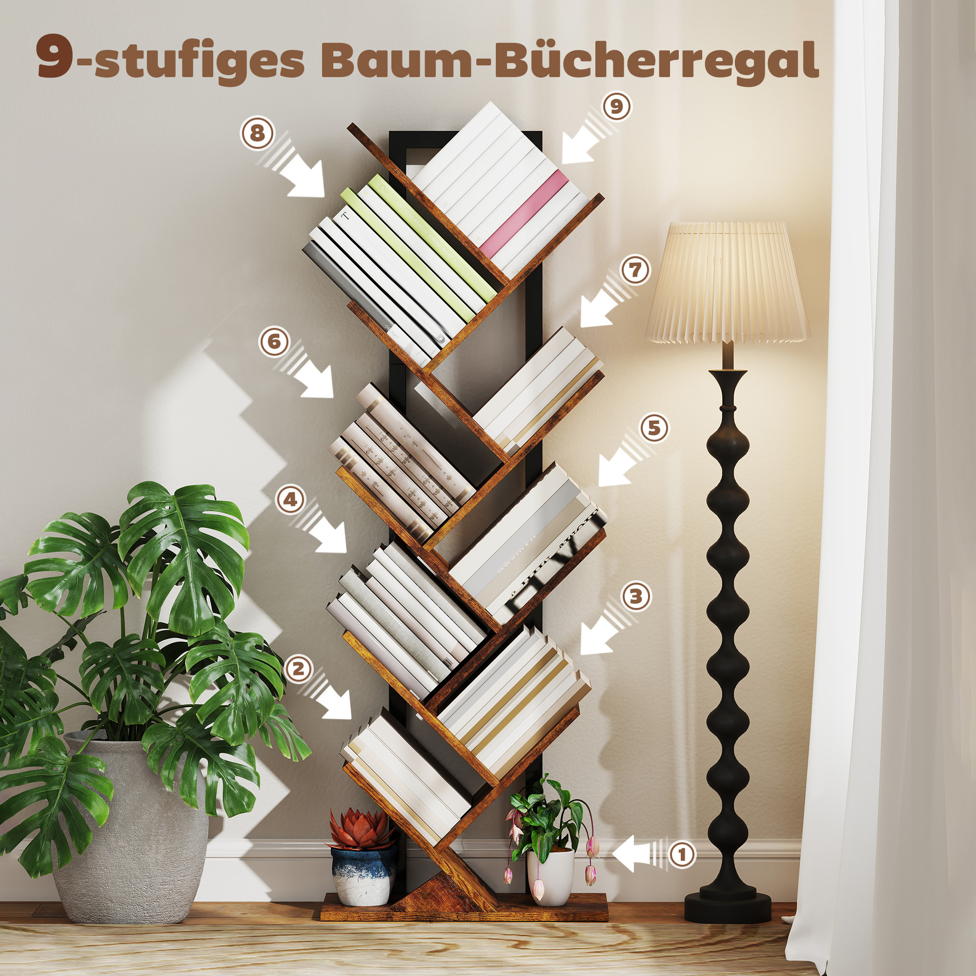 Bücherregal Standregal mit 9 Ebenen Schmal Regal im Baumform für Büro, Rustikal Braun