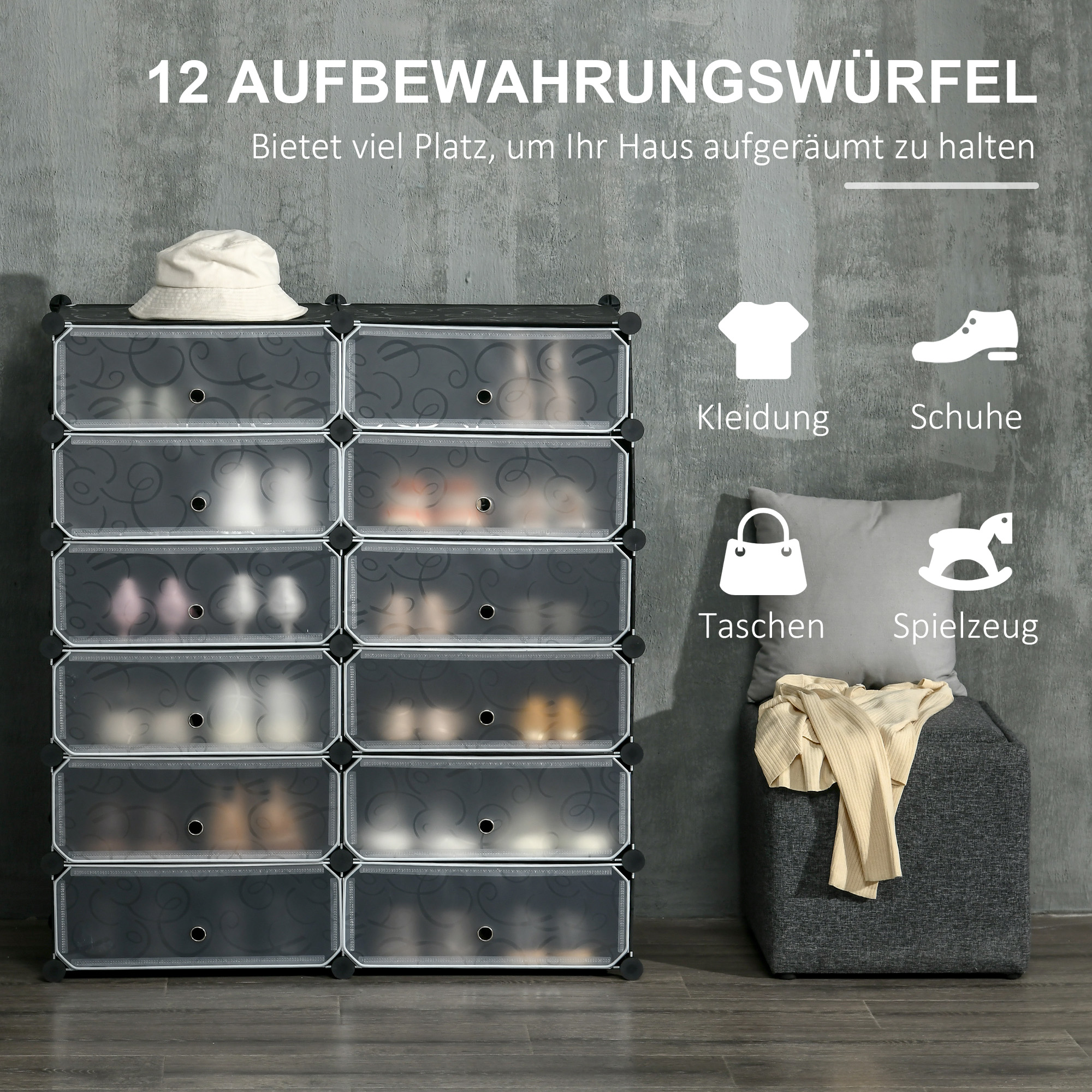 Schuhregal, 12 Aufbewahrungsboxen für 24 Paar Schuhe, Kunststoff, Schwarz+Weiß