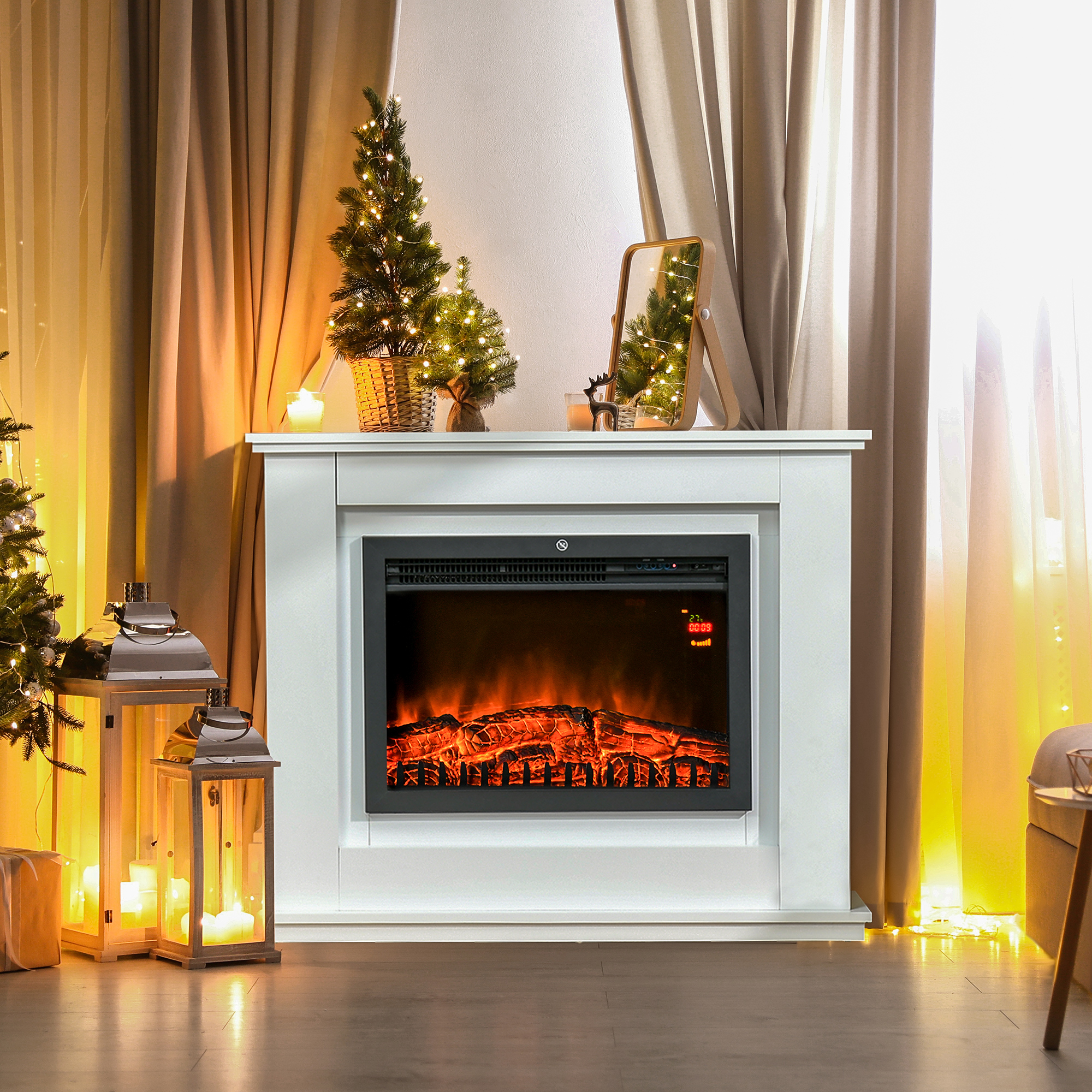 Elektrischer Kamin, 3D LED-Flammen, Fernbedienung, Timer, MDF, Weiß