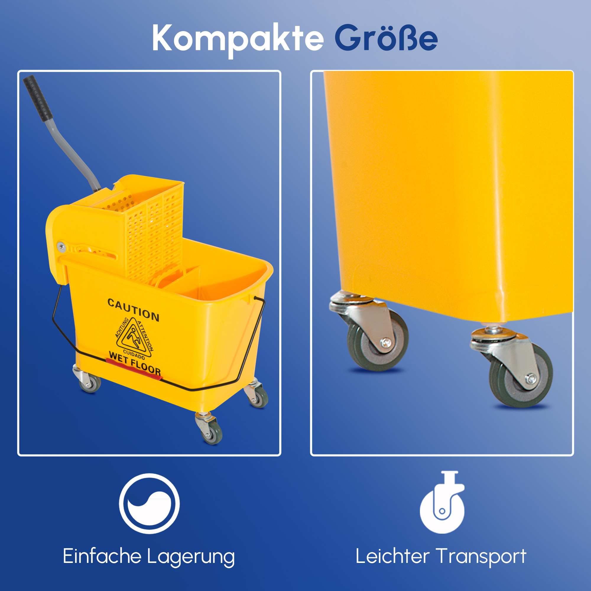 20 L Mopp-Eimer mit Auswringer und Griff, Wischmopp-Eimer auf Rädern, Kunststoff, Gelb