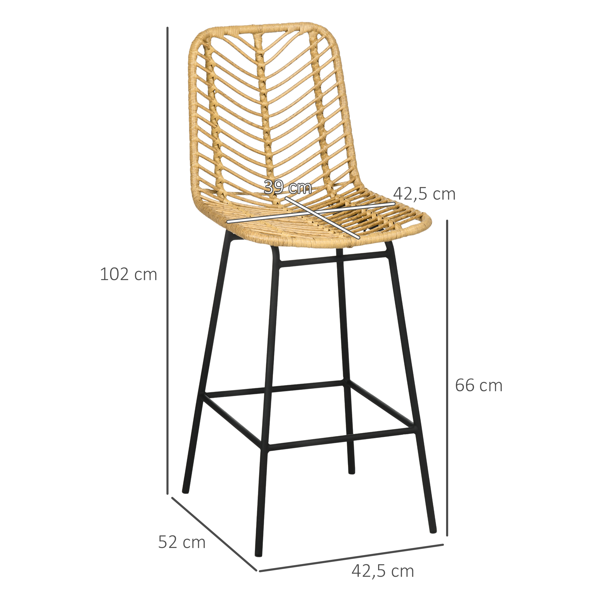 2er Set Barhocker mit Lehne Barstühle im Boho-Design, PE-Rattan, inkl. Fußtstütze, 42,5 cm x 52 cm x 102 cm, Gelb + Schwarz