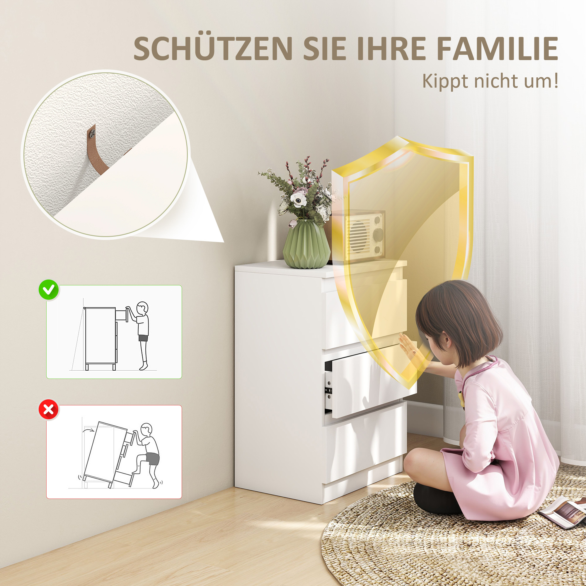 Nachttische im 2er-Set, 3 Schubladen, griffloses Design, Holzoptik, Weiß