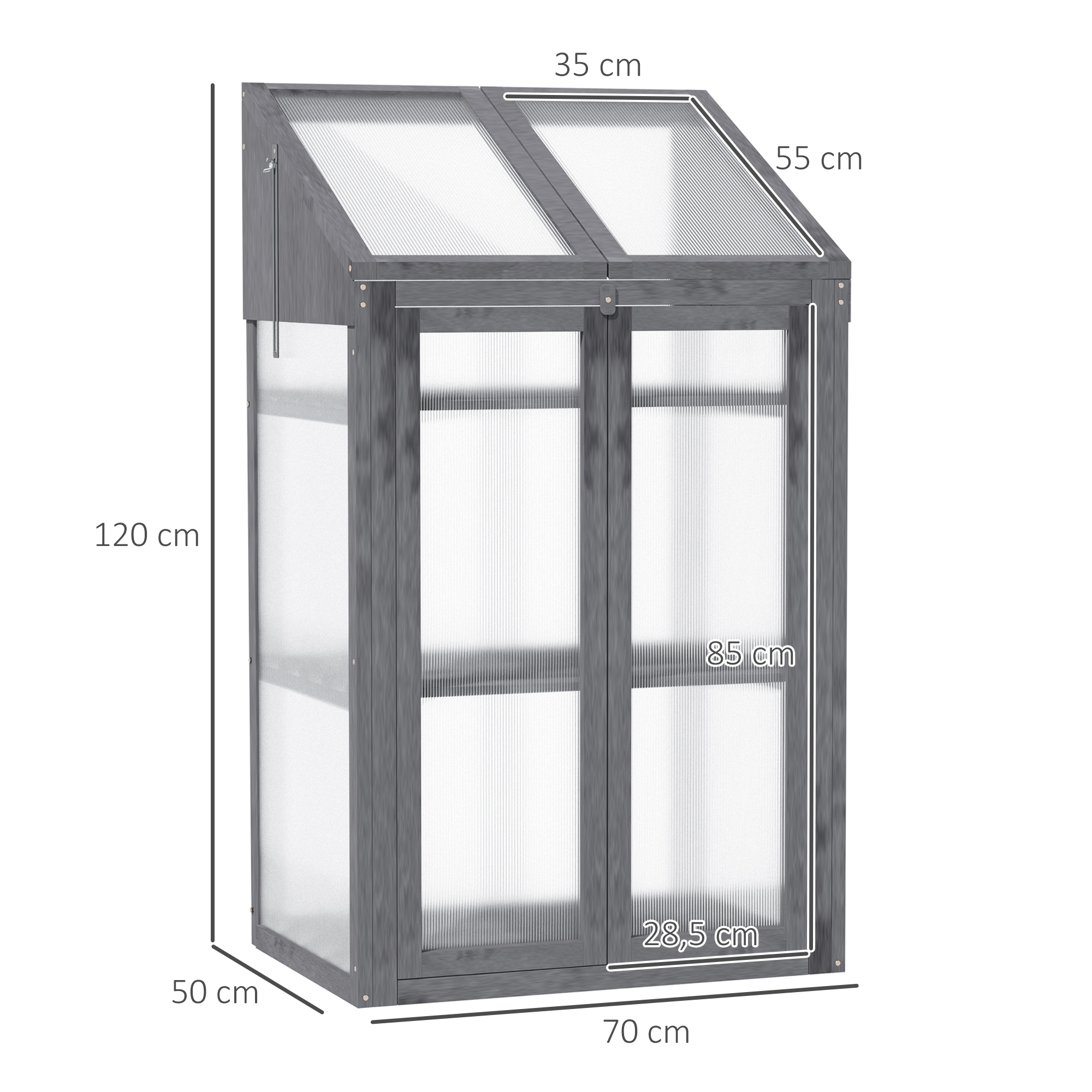 Mini-Gewächshaus, kleines Treibhaus mit Holzrahmen, Fenster und Doppeltür, 3 Regale, 70L x 50B x 120H cm, Grau