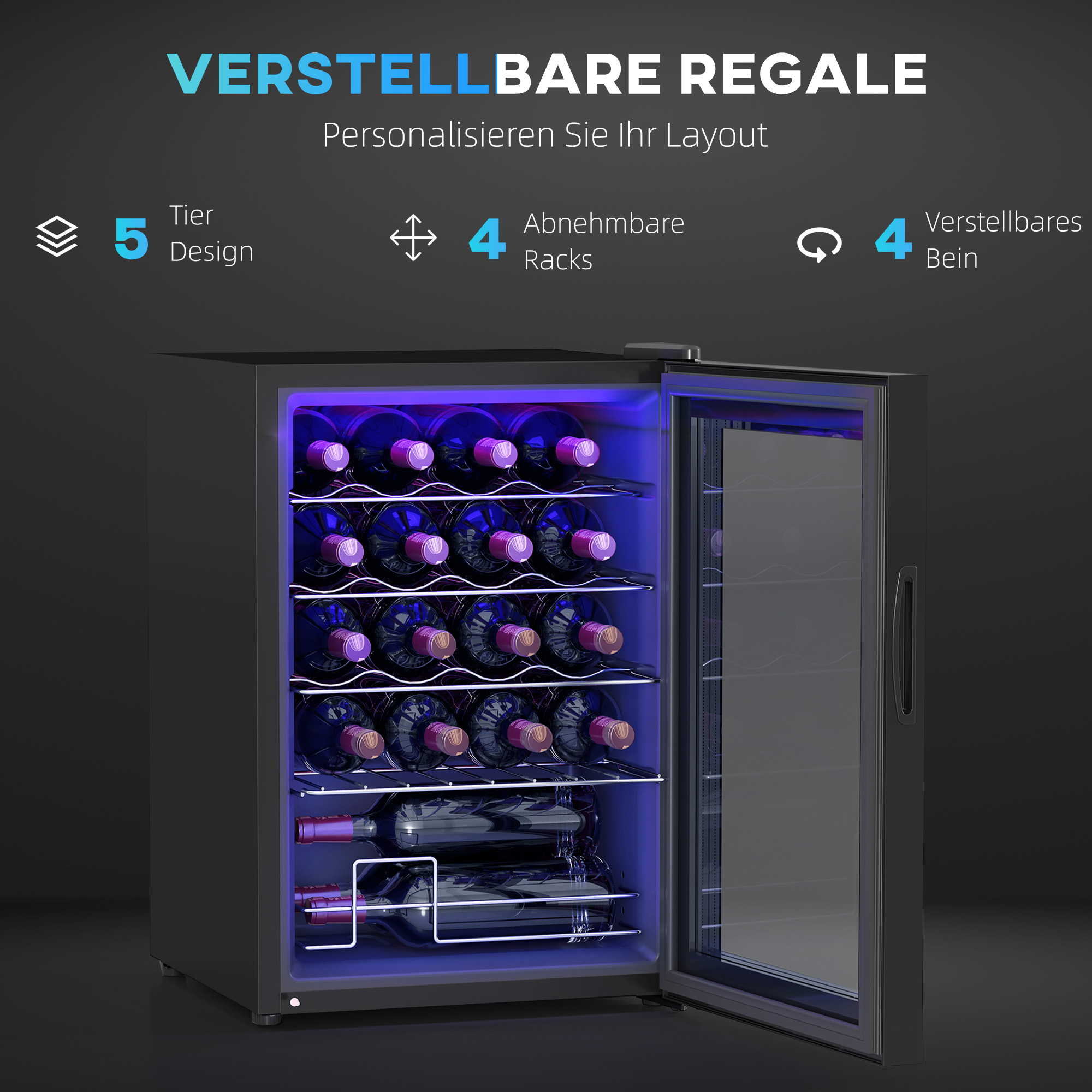 Weinkühlschrank, Mini-Kühlschrank für 20 Flaschen, 53 Liter Kapazität, mit Glastür, LED-Beleuchtung, Schwarz