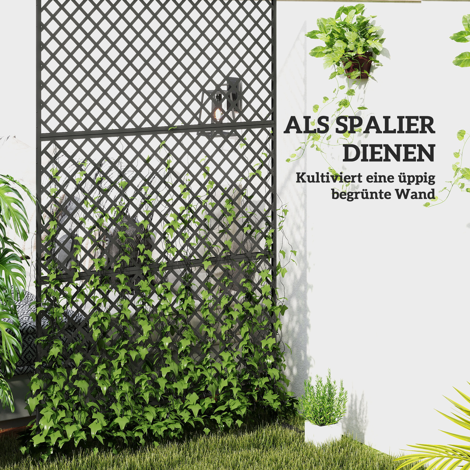 Outdoor-Raumteiler, Metall-Wandschirm für Terrasse, Veranda, Garten, Freistehendes Rankengitter, Stahl, Schwarz