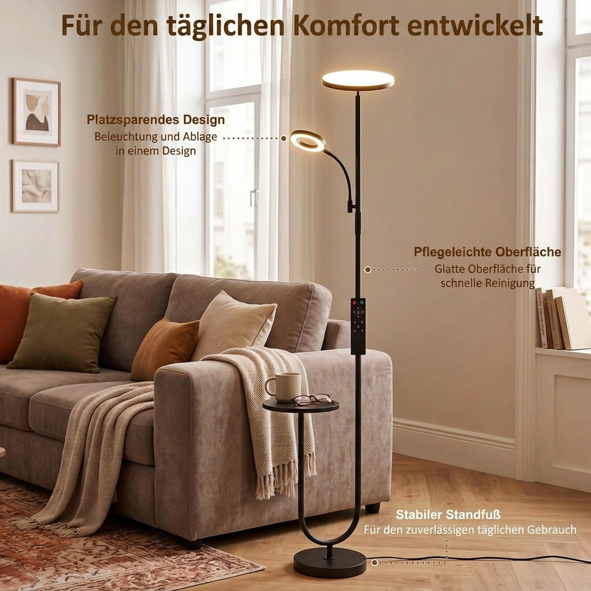 LED-Deckenfluter mit Ablagetisch und Leselampe, dimmbare Stehlampe mit Fernbedienung, 4 Farbtemperaturen