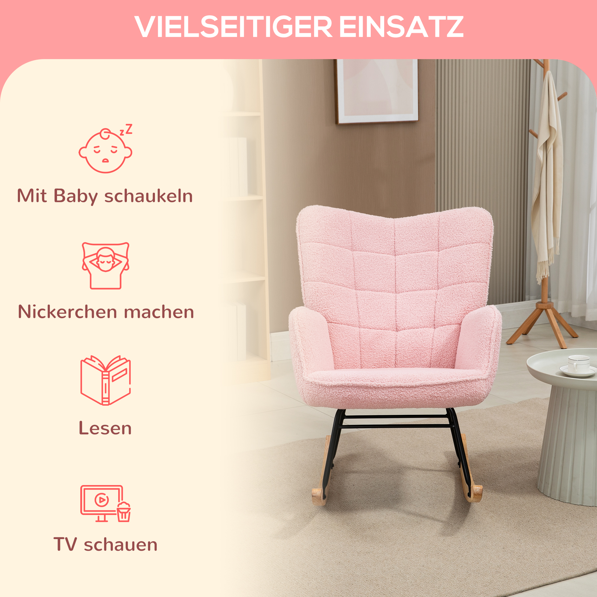 Schaukelstuhl im Retro-Design, Massivholz, Sessel, Relaxsessel, 98 cm x  71 cm x 101 cm, Rosa