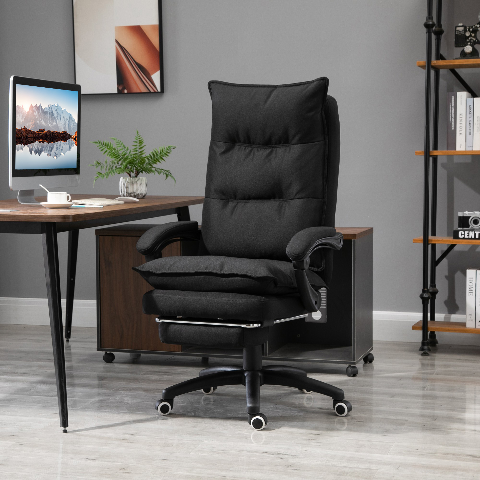 Bürostuhl mit Massagefunktion, Ergonomischer Schreibtischstuhl mit Liege- & Drehfunktion, mit Fußstütze, Schwarz