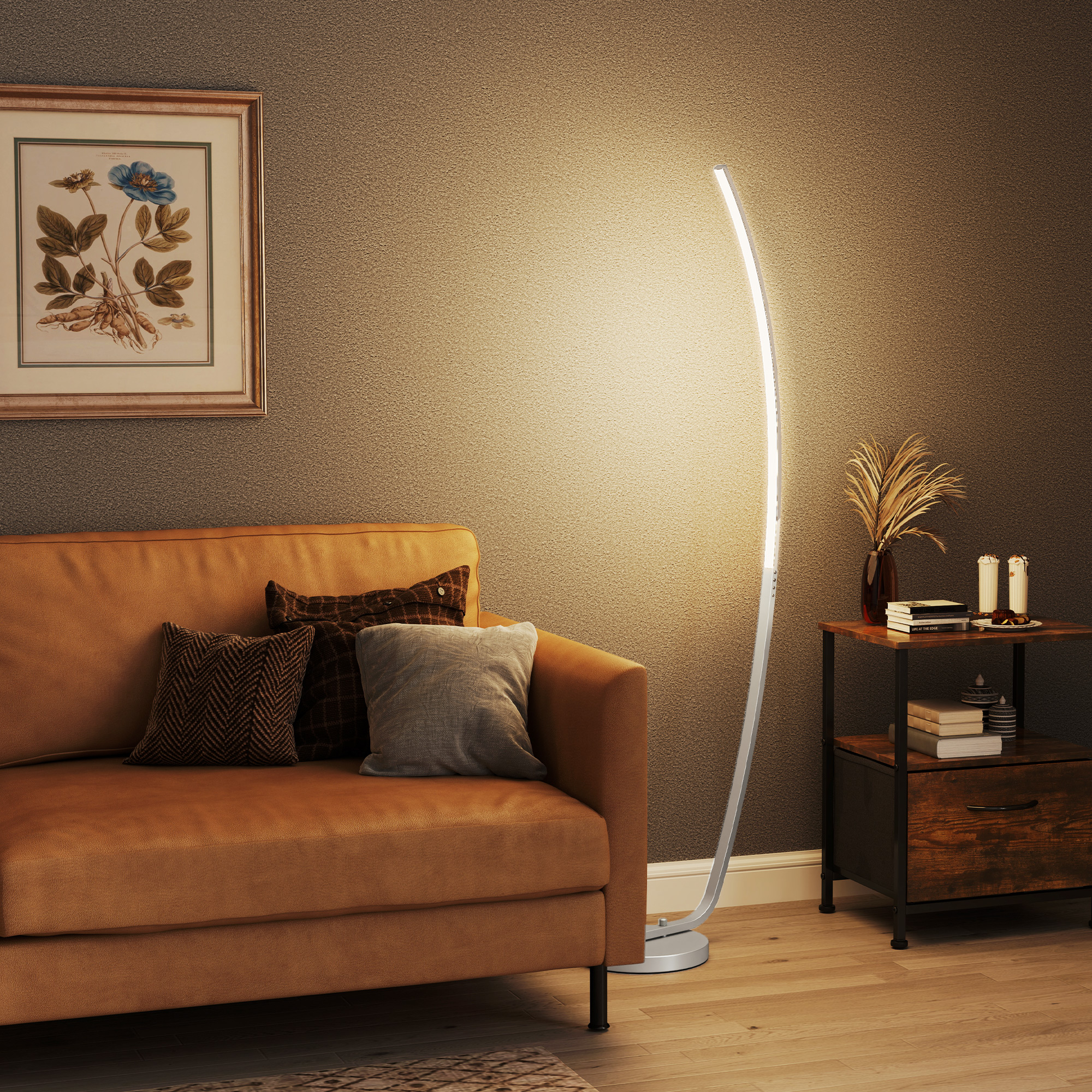 LED-Flurlampe mit anpassbarer Helligkeit, Moderne Stehlampe mit Fußschalter für Schlafzimmer, Wohnzimmer, Silber