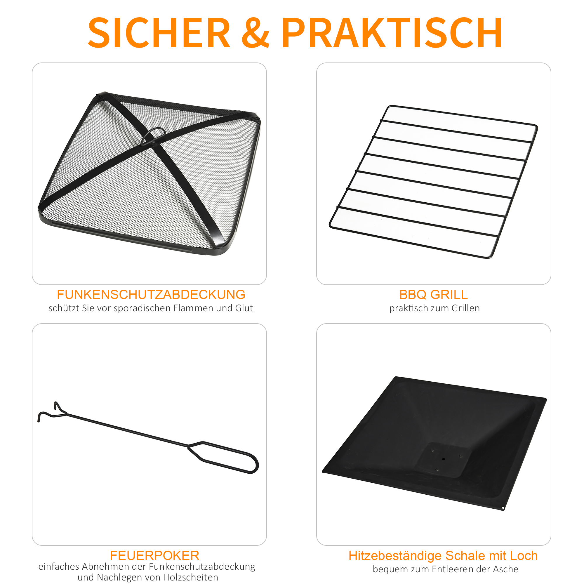 3-in-1 Feuerschale Feuerkorb Feuerstelle mit Funkenschutz Grillrost Eiskübel Garten BBQ Schwarz 76cm x 76cm x 47cm