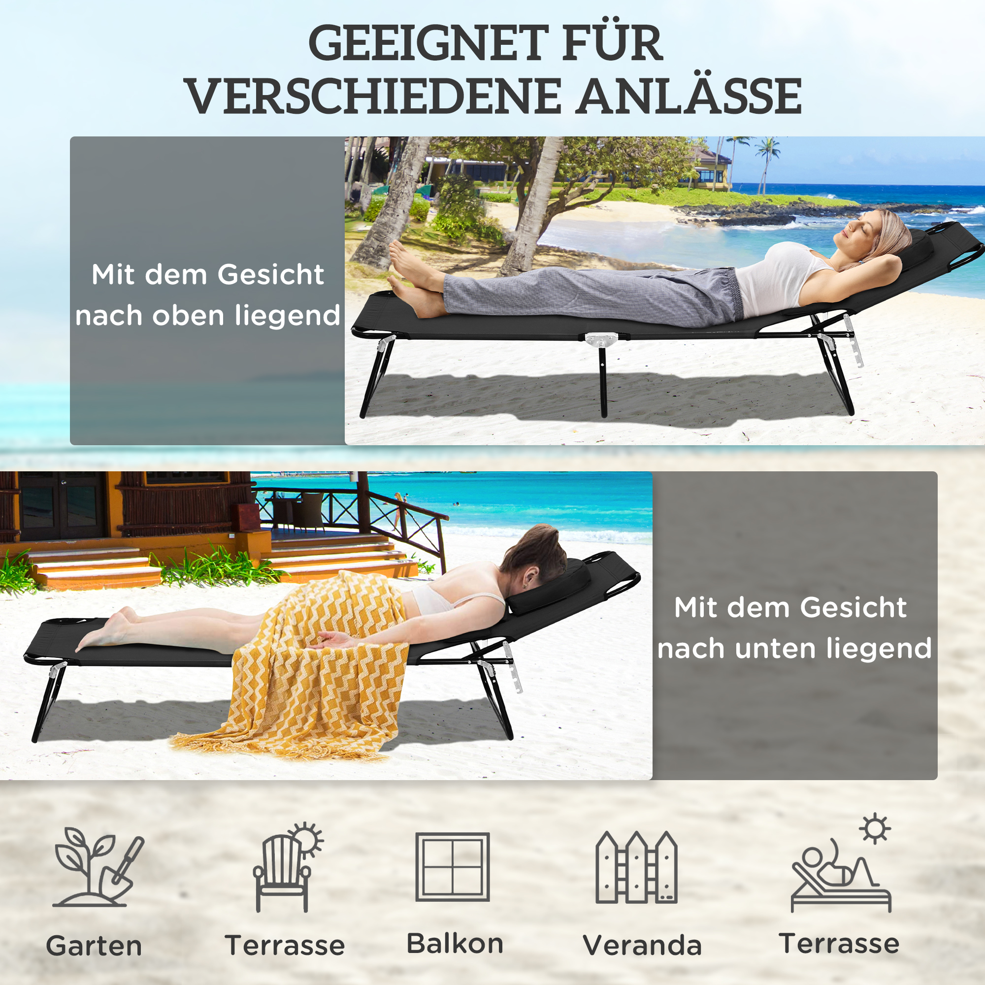 Sonnenliege mit Gesichtsloch & Kissen, klappbar, wasserabweisender Bezug, Metallrahmen, Schwarz