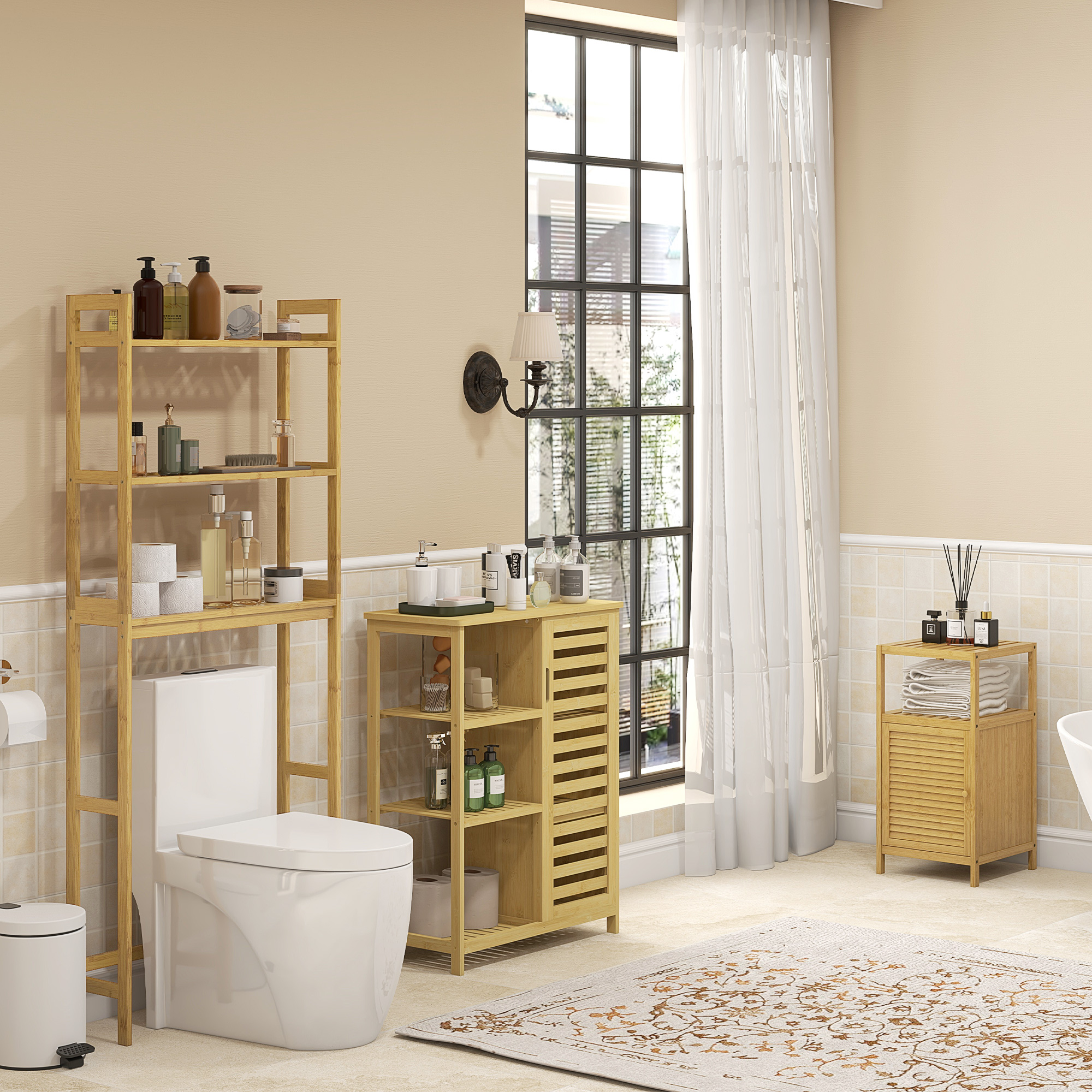 Badezimmerschrank Badregal, Bambus, 1Ablage, 1 Schrank, 33 cm x36,5 cm x67 cm, Natur