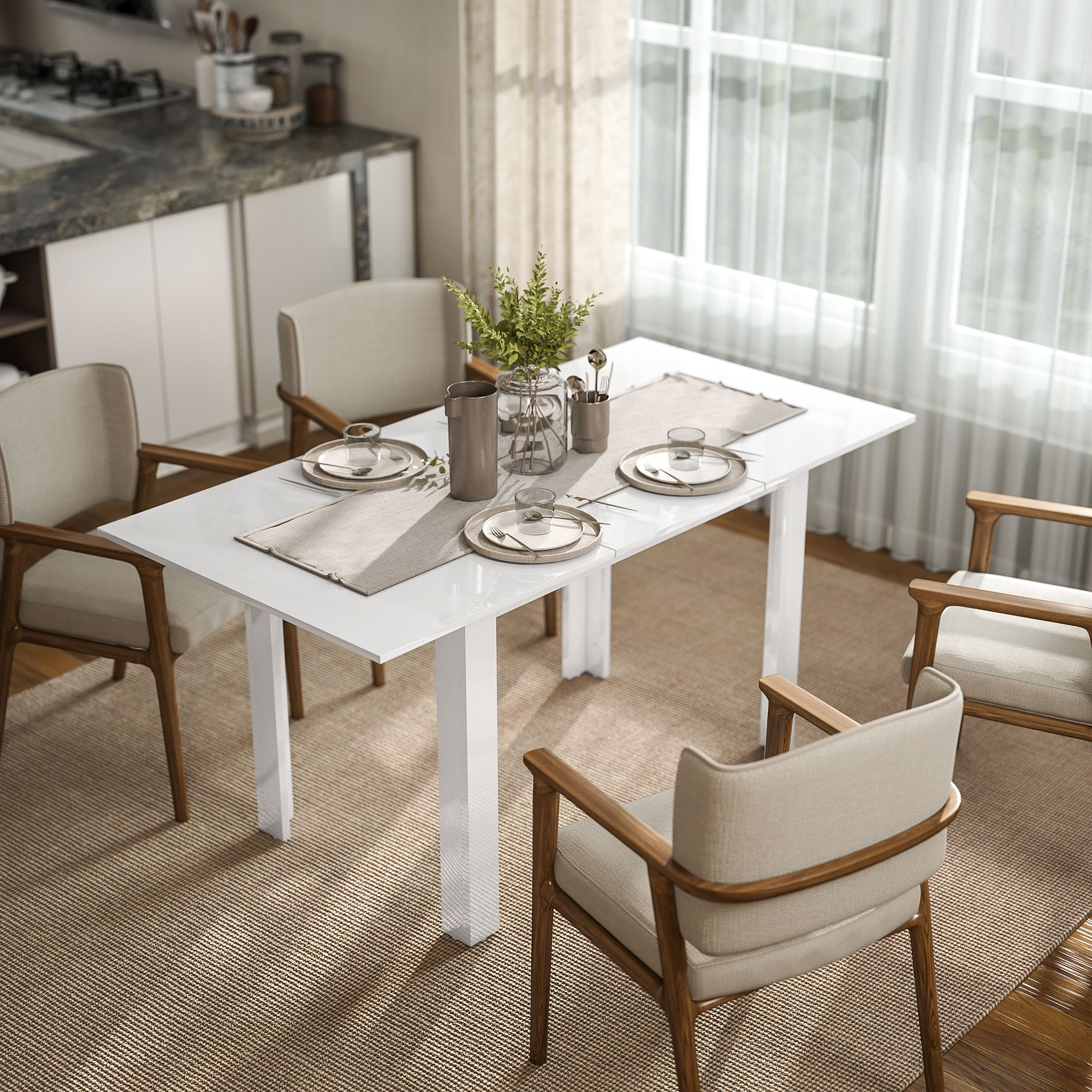 ausziehbarer Esstisch, 120-160 x 70 cm, verstellbarer Küchentisch für 4-6 Personen, MDF, Hochglanzweiß