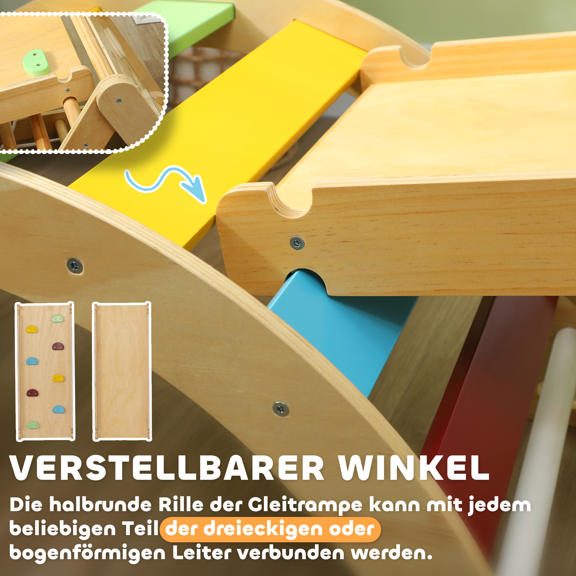 Klettergerüst Indoor, 7 in 1 Kletterdreieck mit Rutsche, Kletterbogen, Mehrfarbig