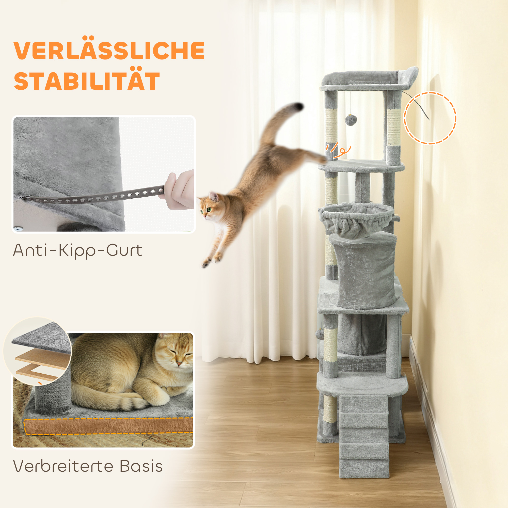 Katzenkratzbaum, 170 cm, Tunnel, Höhlen, große Basis, Sisalpfosten, Hellgrau