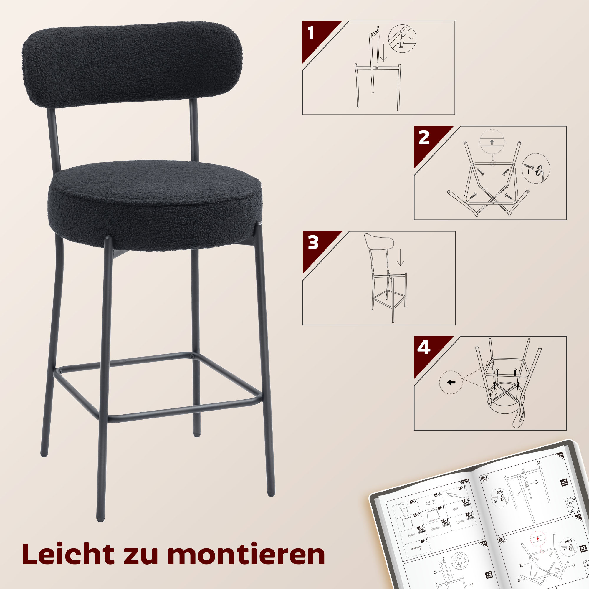 2er-Set Barstühle mit Polstersitz und Fußstütze, Fleece-Bezug, Metallrahmen, Schwarz