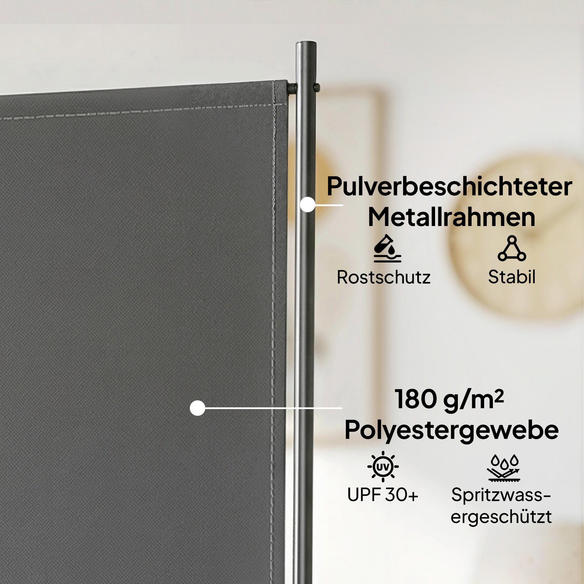 Raumteiler 3-teilig 260 x 30 cm Freistehend Paravent Trennwand Sichtschutz aus Metall, Outdoor Raumtrenner Dunkelgrau