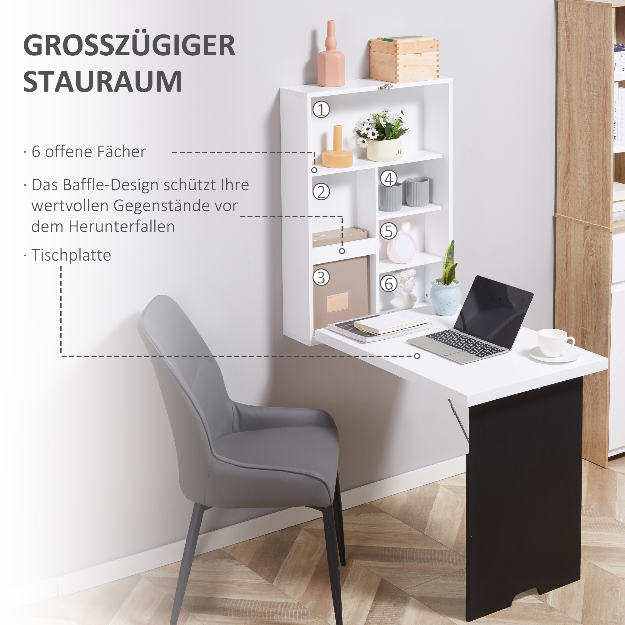 Wandschreibtisch, klappbare Tischplatte, 5 Fächer, 60x94,5x147cm, Schwarz/Weiß