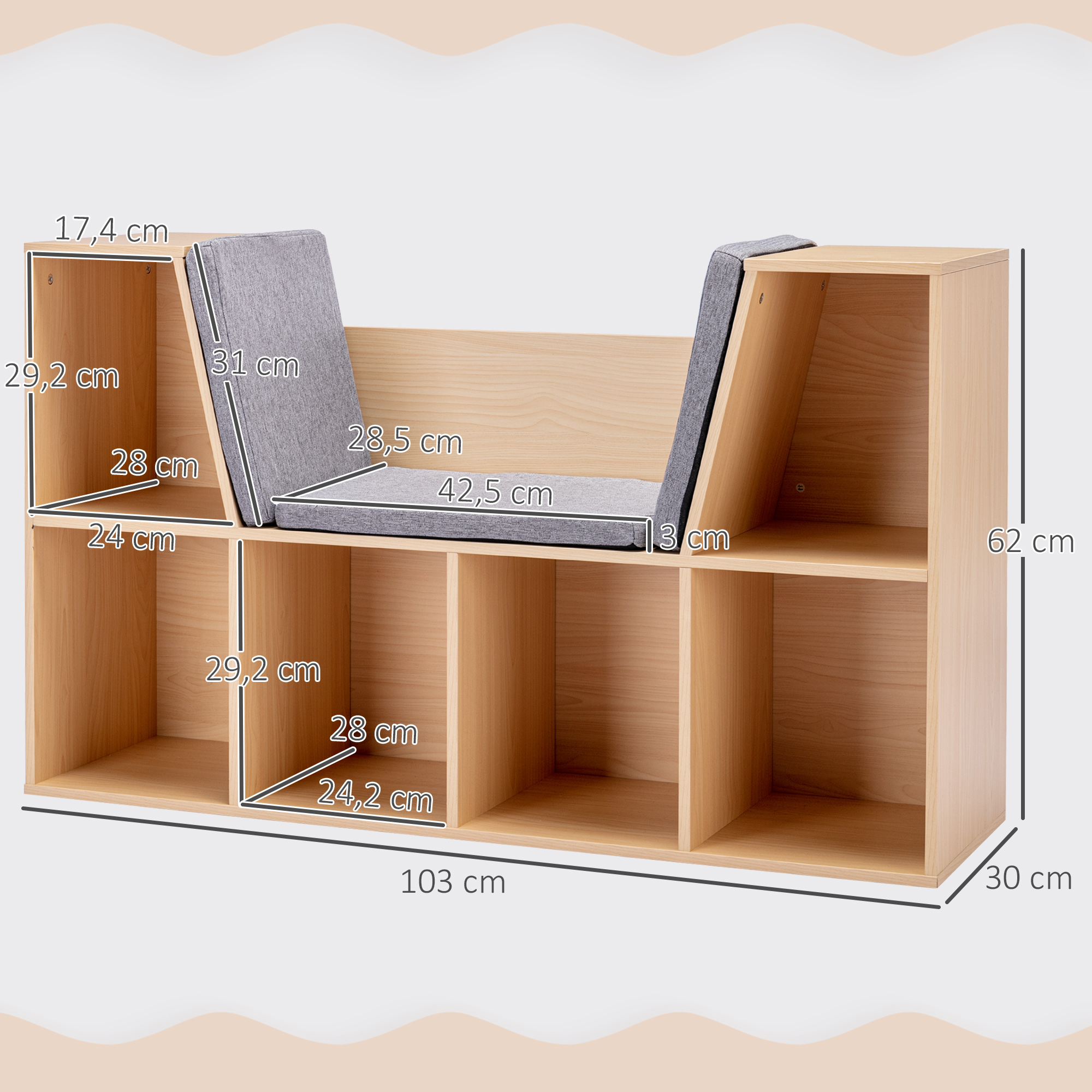 2-in-1 Kinderregal Regal + Sitzbank inkl. Polster 103 cm × 30 cm × 62 cm Weiß + Grau