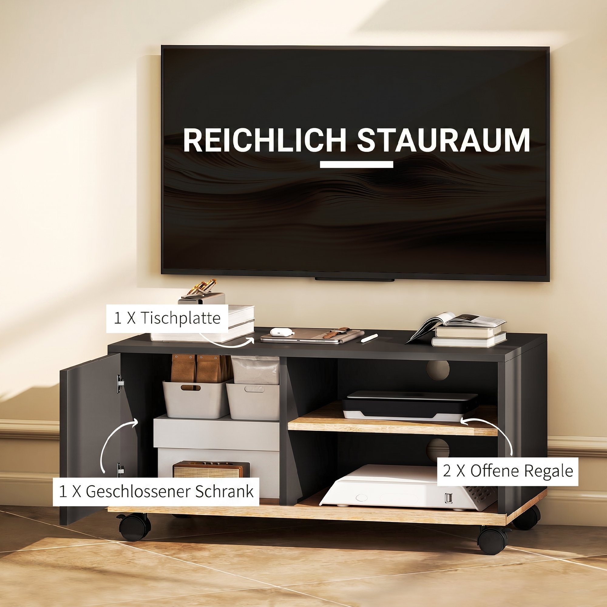 TV-Board auf Rollen mit Bremsen, TV-Möbel mit Schrank und verstellbarer Ablage, Schwarz und Eiche