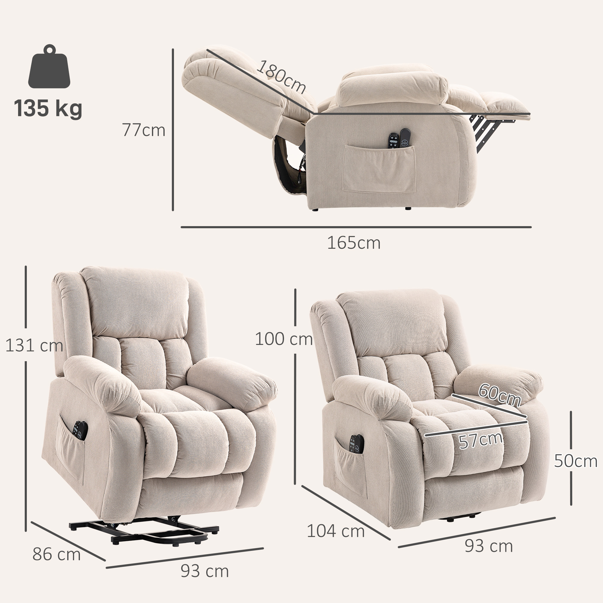 Fernsehsessel mit Massage- und Wärmefunktion, Elektrischer Aufsteh-Sessel, Fernbedienung, Seitentaschen, Beige