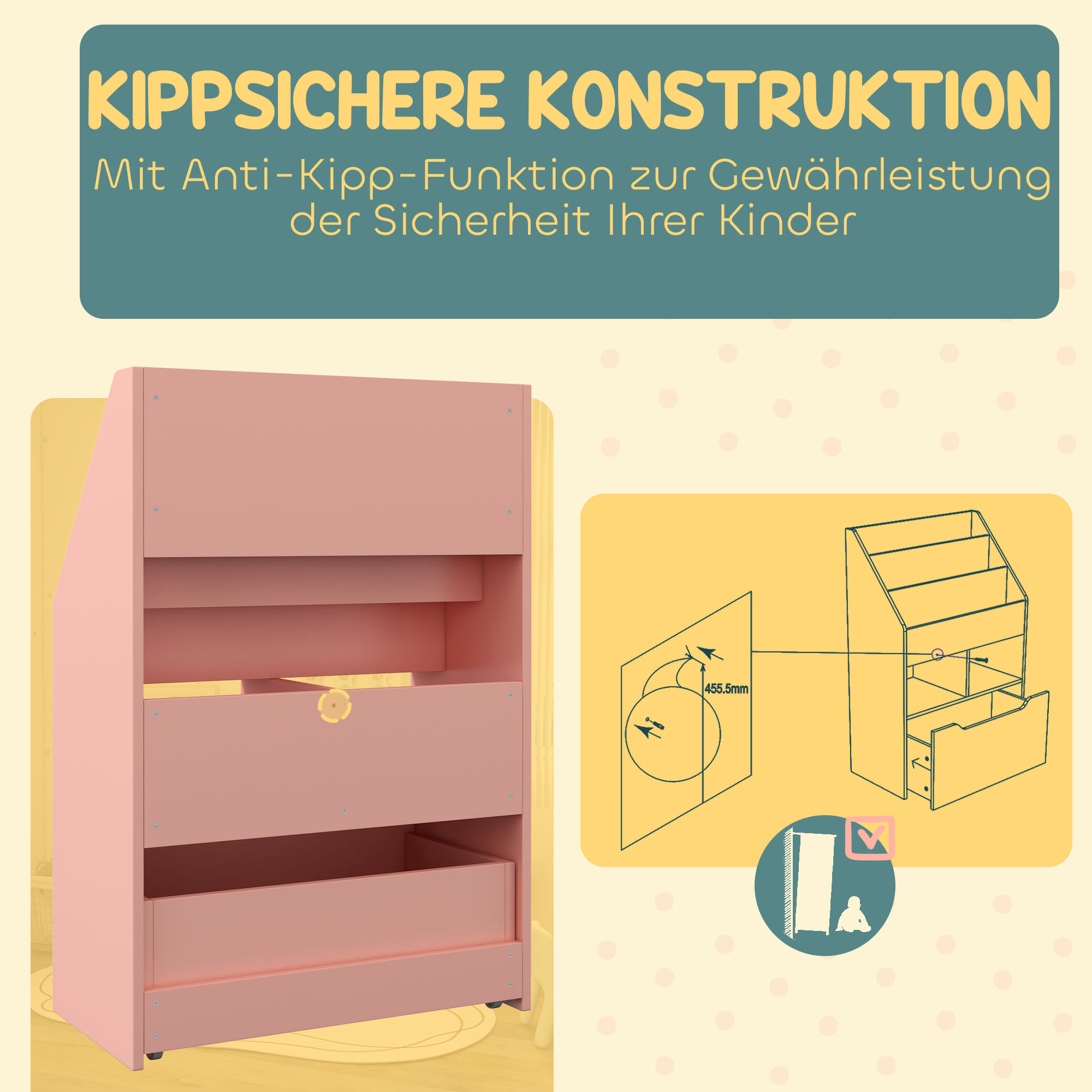 Kinderregal mit Schublade, Bücherregal mit Fächern, 60 x 29,9 x 90 cm, Rosa