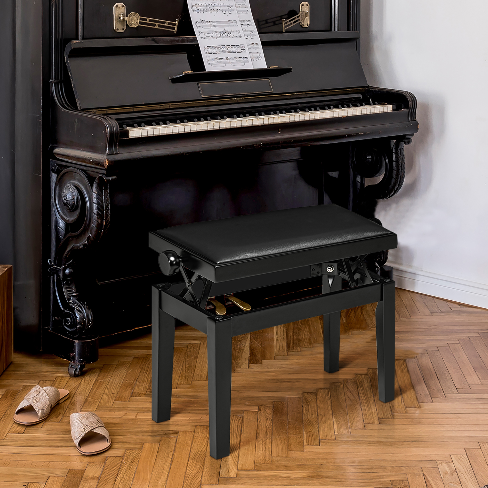 Klavierbank, Pianostuhl, höhenverstellbar, eleganter Hochglanz, Kunstleder+Kautschukholz, schwarz, 63 x 33 x 56cm