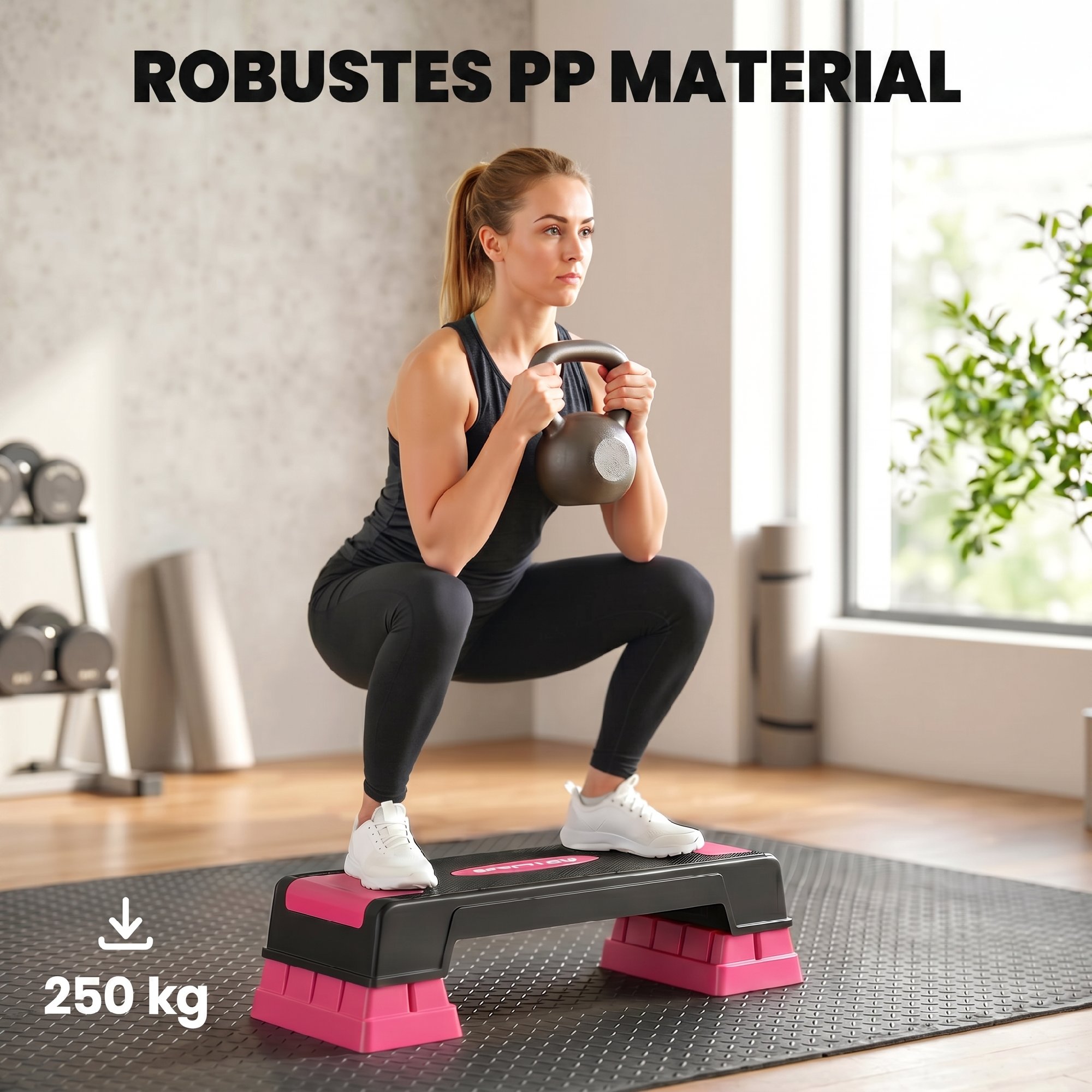 Steppbrett höhenverstellbar Fitness Aerobic Stepper mit 3 Stufen (12/17,5/22,5 cm), Anti-Rutsch-Matte Schwarz+Rosa