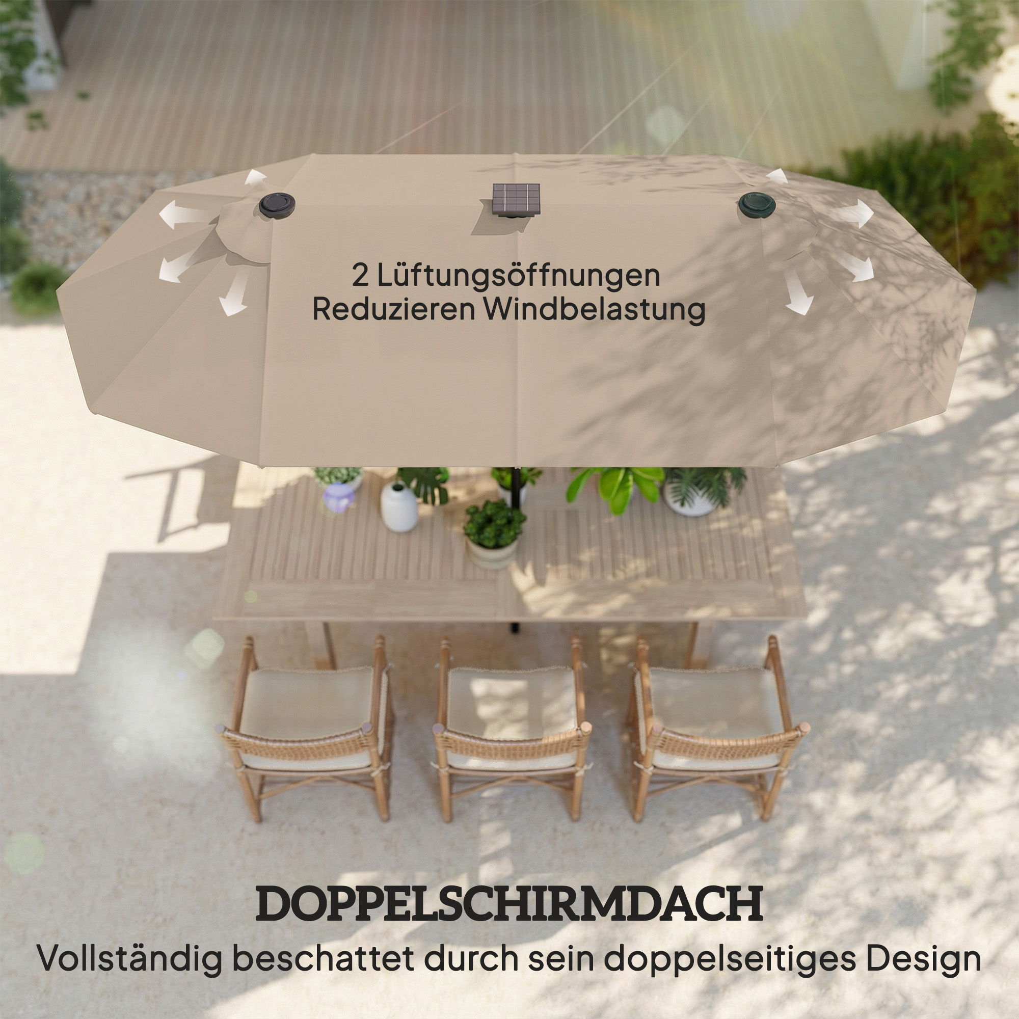Doppelsonnenschirm 292 x 150 cm, Sonnenschirm mit mit LED-Beleuchtung Handkurbel, Knickfunktion Khaki