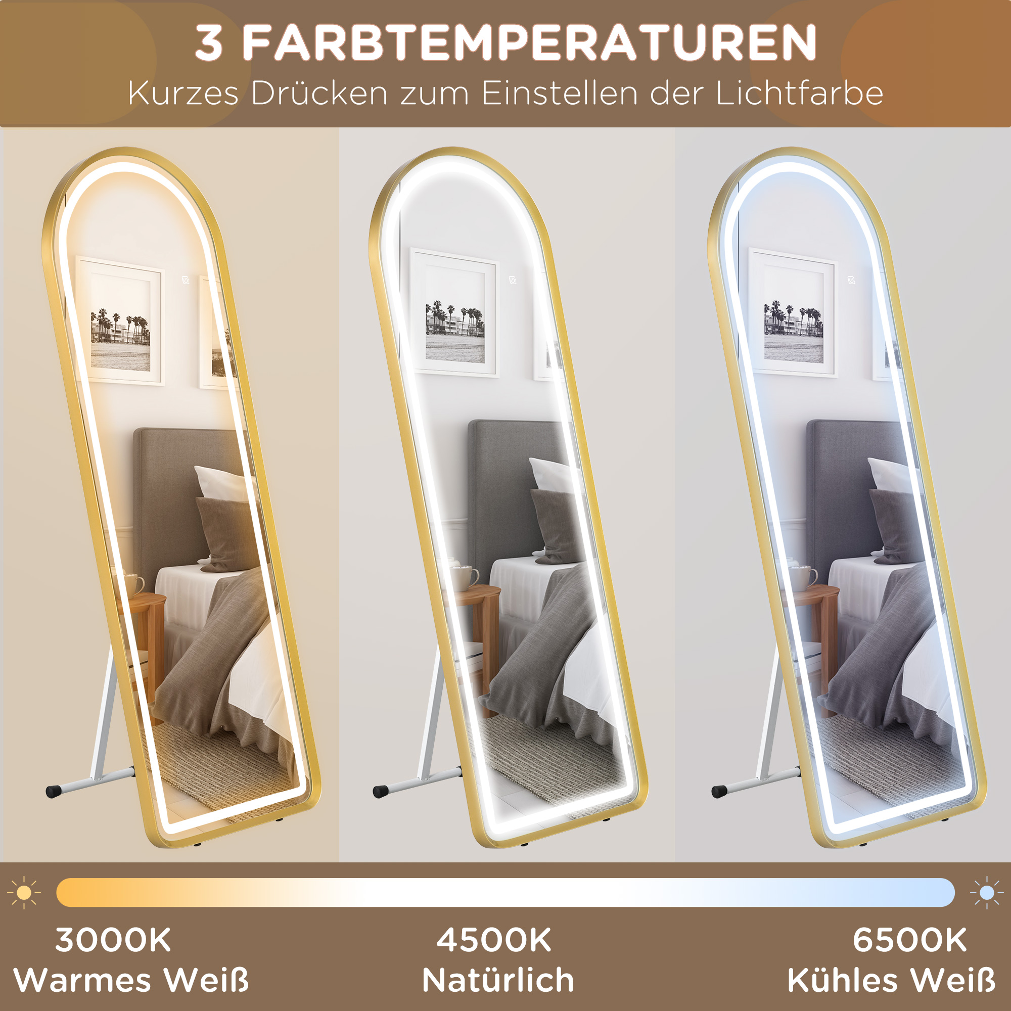 Standspiegel Wandspiegel Ganzkörperspiegel inklusive Wandbefestifung, 151,5 x 50 x 4 cm, Gold