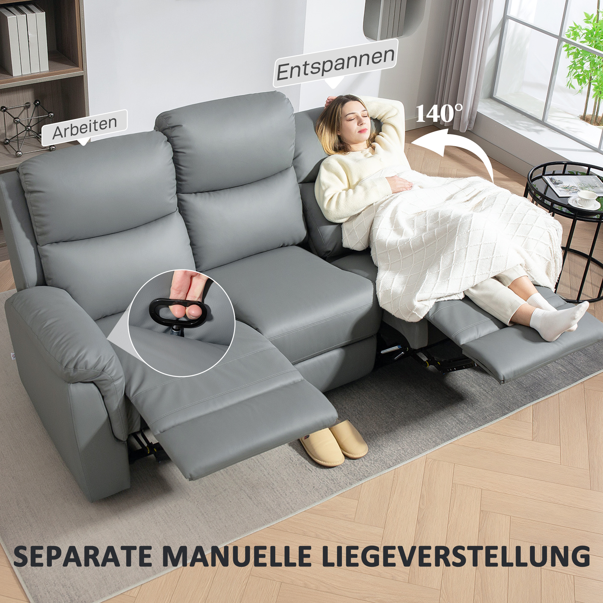 3-Sitzer-Sofa, linker und rechter Sitz zurücklehnbar, anpassbare Fußstütze, Kunstlederbezug, für Wohnzimmer, Dunkelgrau