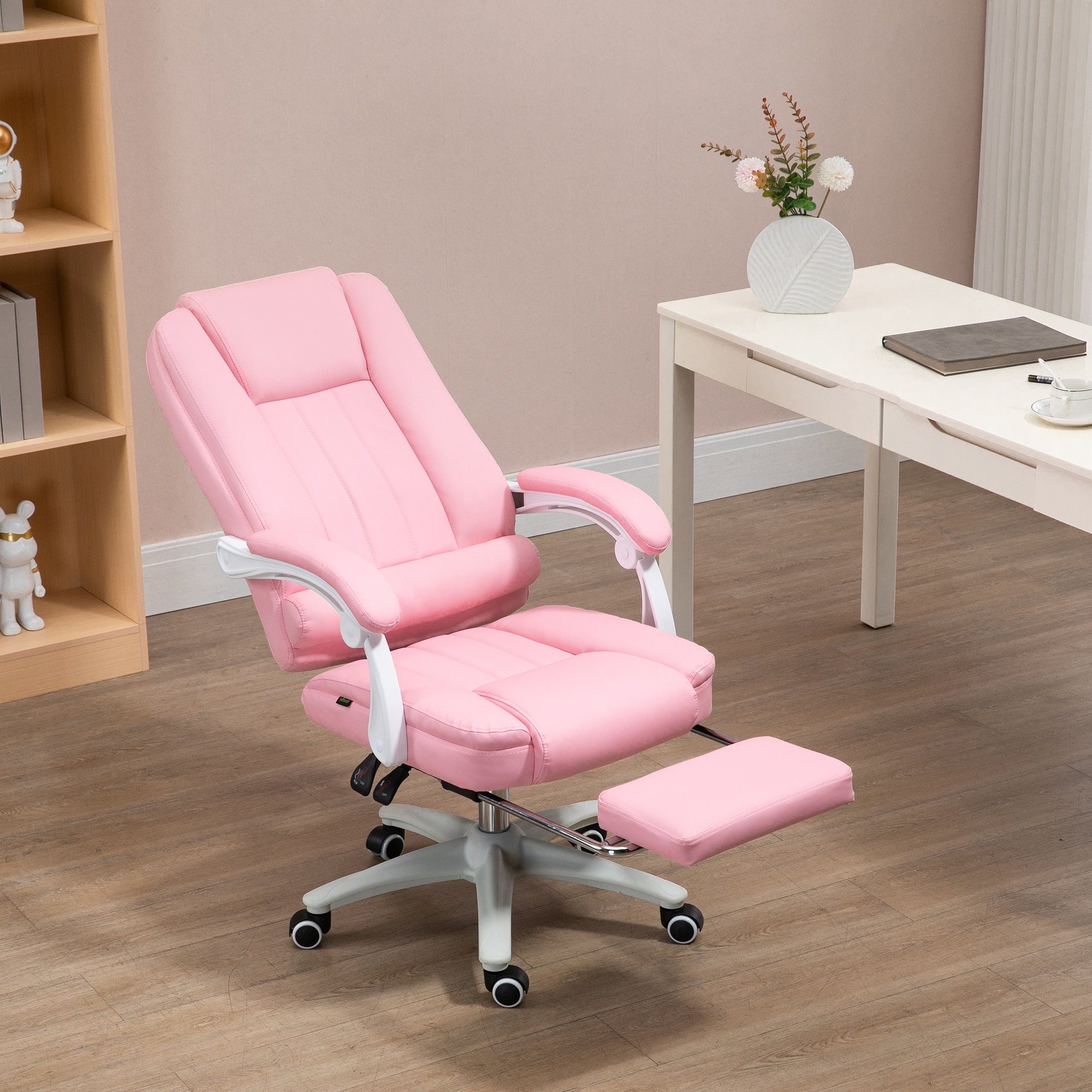Bürostuhl mit Fußstütze, verstellbare Rückenlehne, höhenverstellbar, 5 Rollen, Rosa + Weiß
