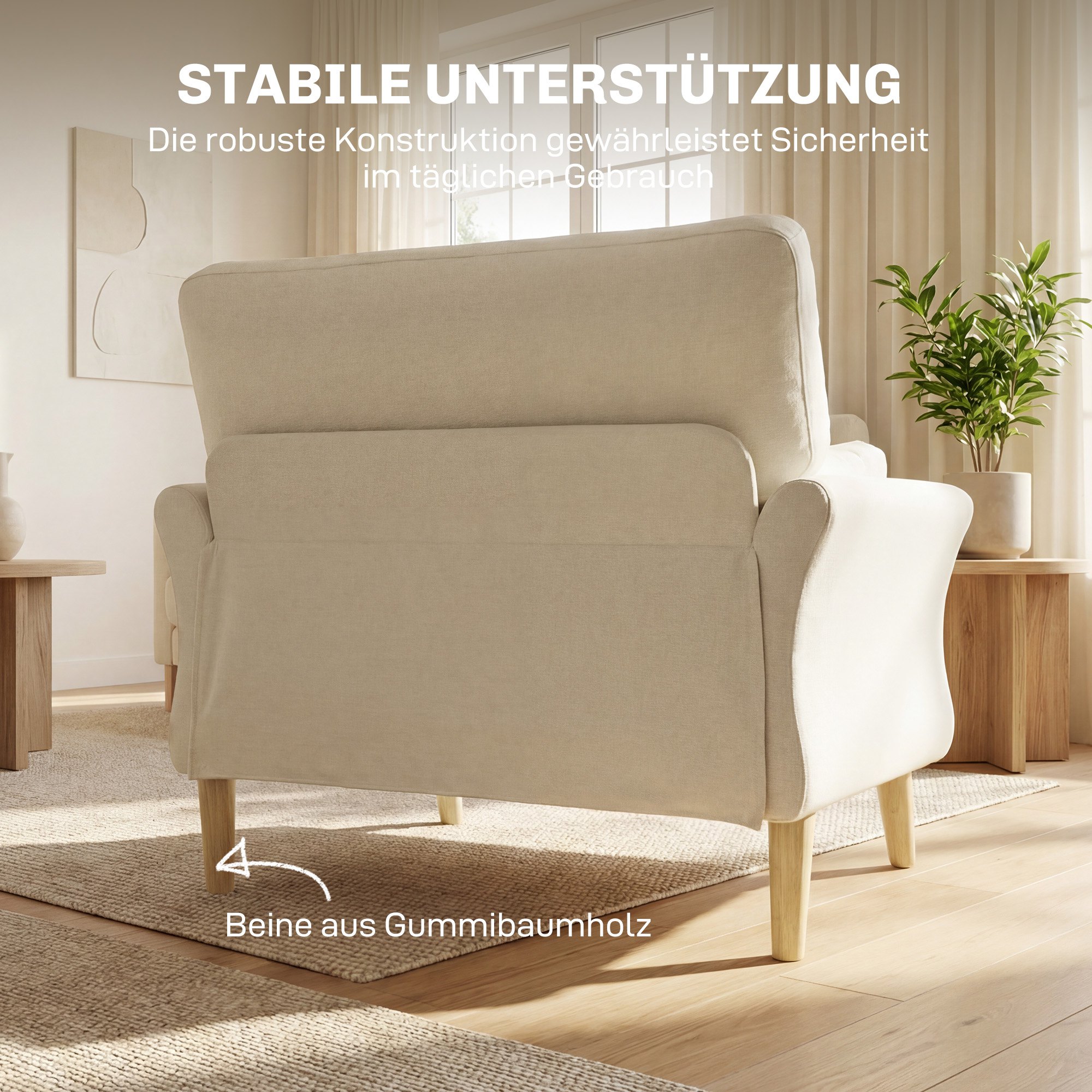samtgepolsterter Sessel, Übergroßer Akzentstuhl mit Holzbeinen, Lesesessel für Wohn- und Schlafzimmer, Cremeweiß