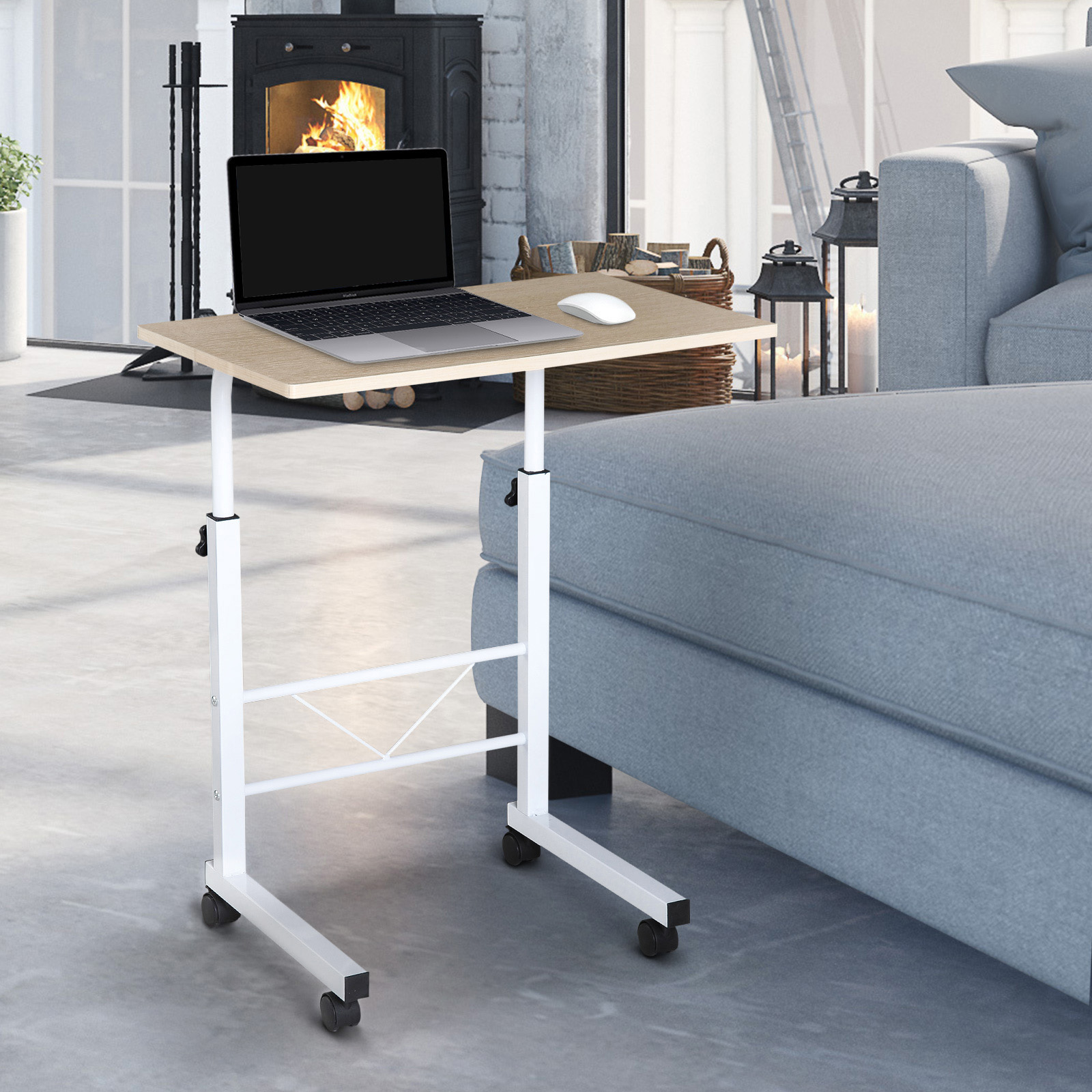 Beistelltisch höhenverstellbarer Couchtisch mobiler Endschreibtisch mit Rädern Feststellbremsen C-Tische Spanplatte Stahl Eisen Kunststoff Weiße Ahornfarbe 60 x 40 x 68-78 cm
