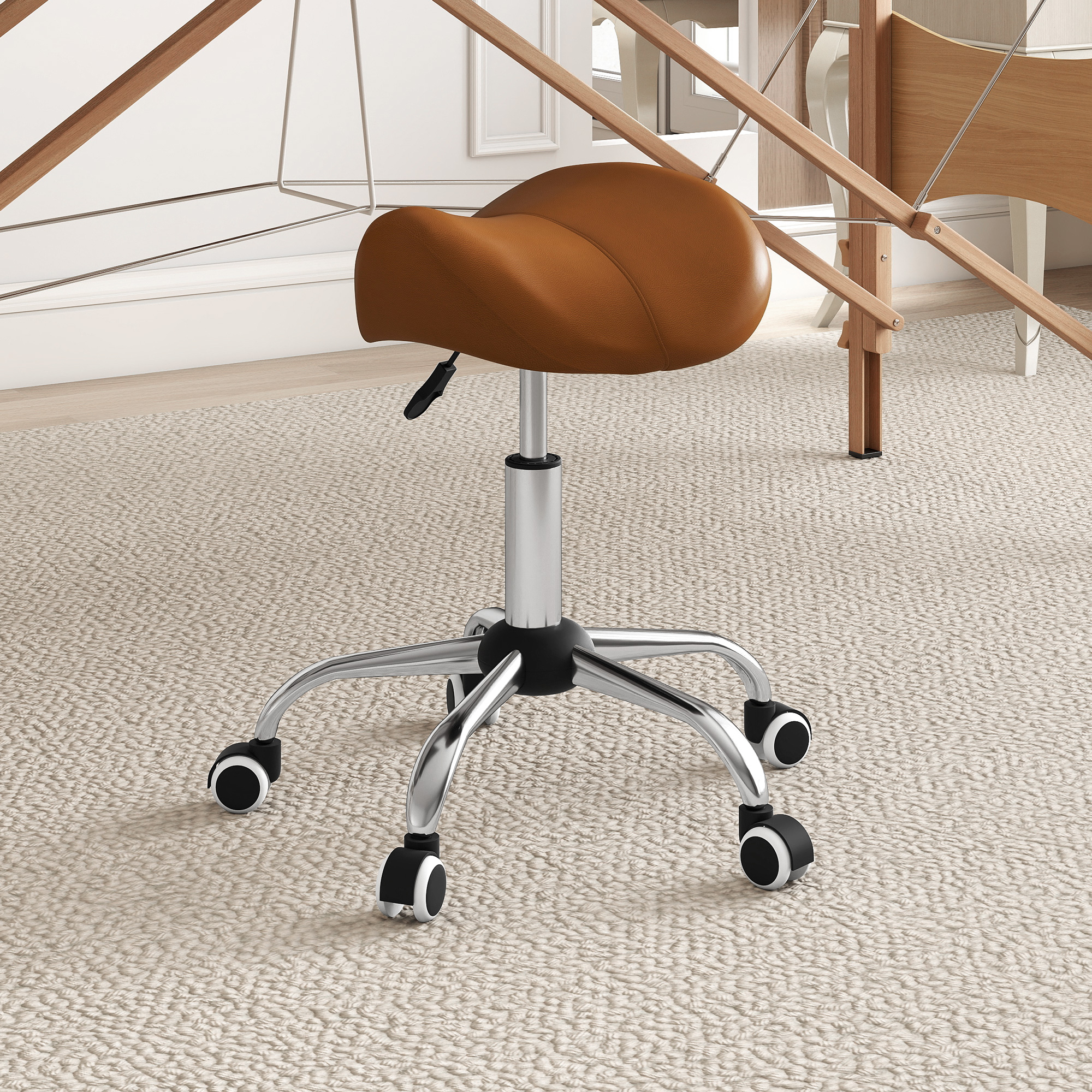 Rollhocker höhenverstellbar Drehhocker 49-61 cm Arbeitshocker drehbar Sattelhocker für Büro Salon Massage Spa Braun