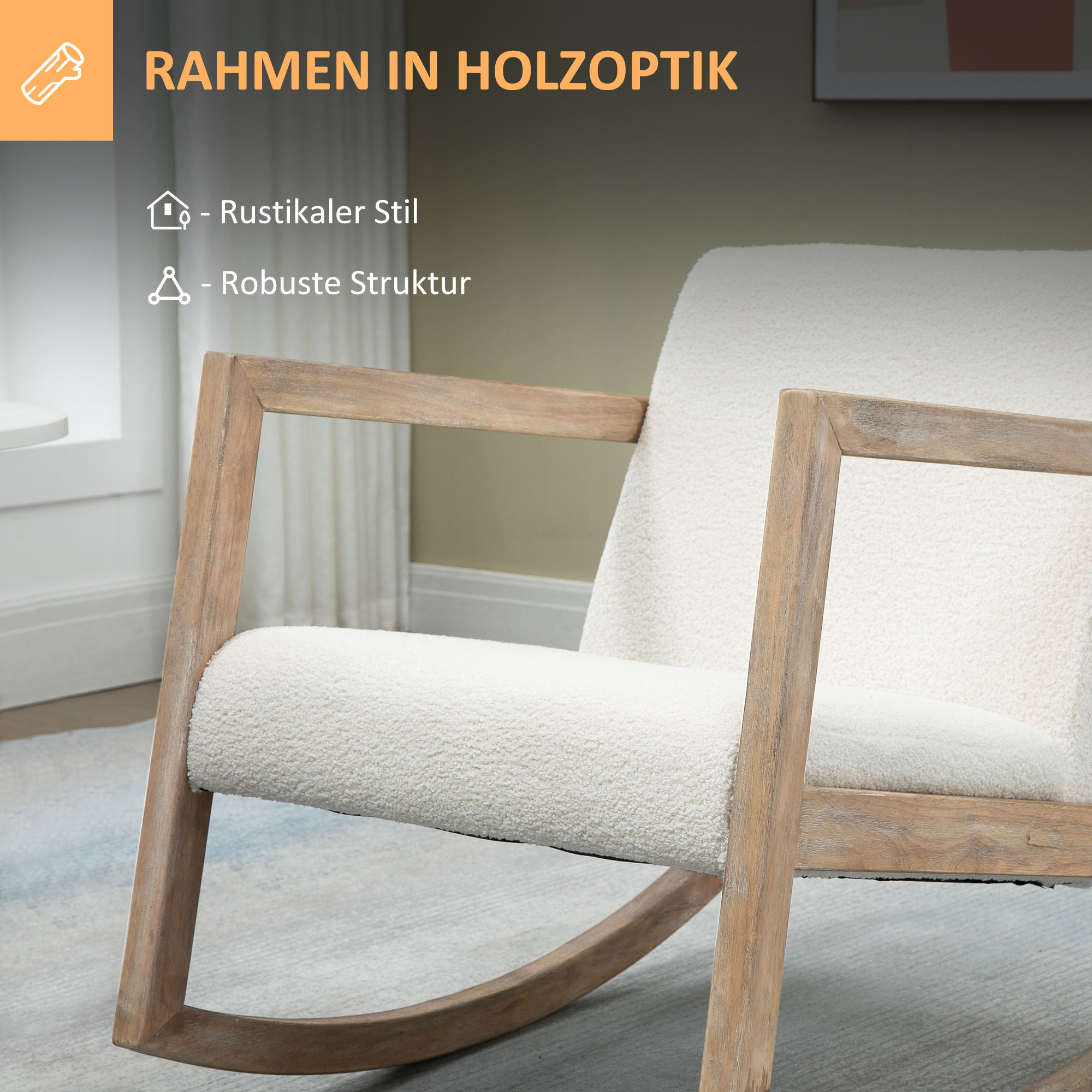 Schaukelstuhl mit Holzrahmen gepolstert Relax Stuhl Sessel Stuhl Wohnzimmersessel Lounge mit gepolsterter Sitzfläche Kautschukholz Cremeweiß 60 x 81 x 71 cm