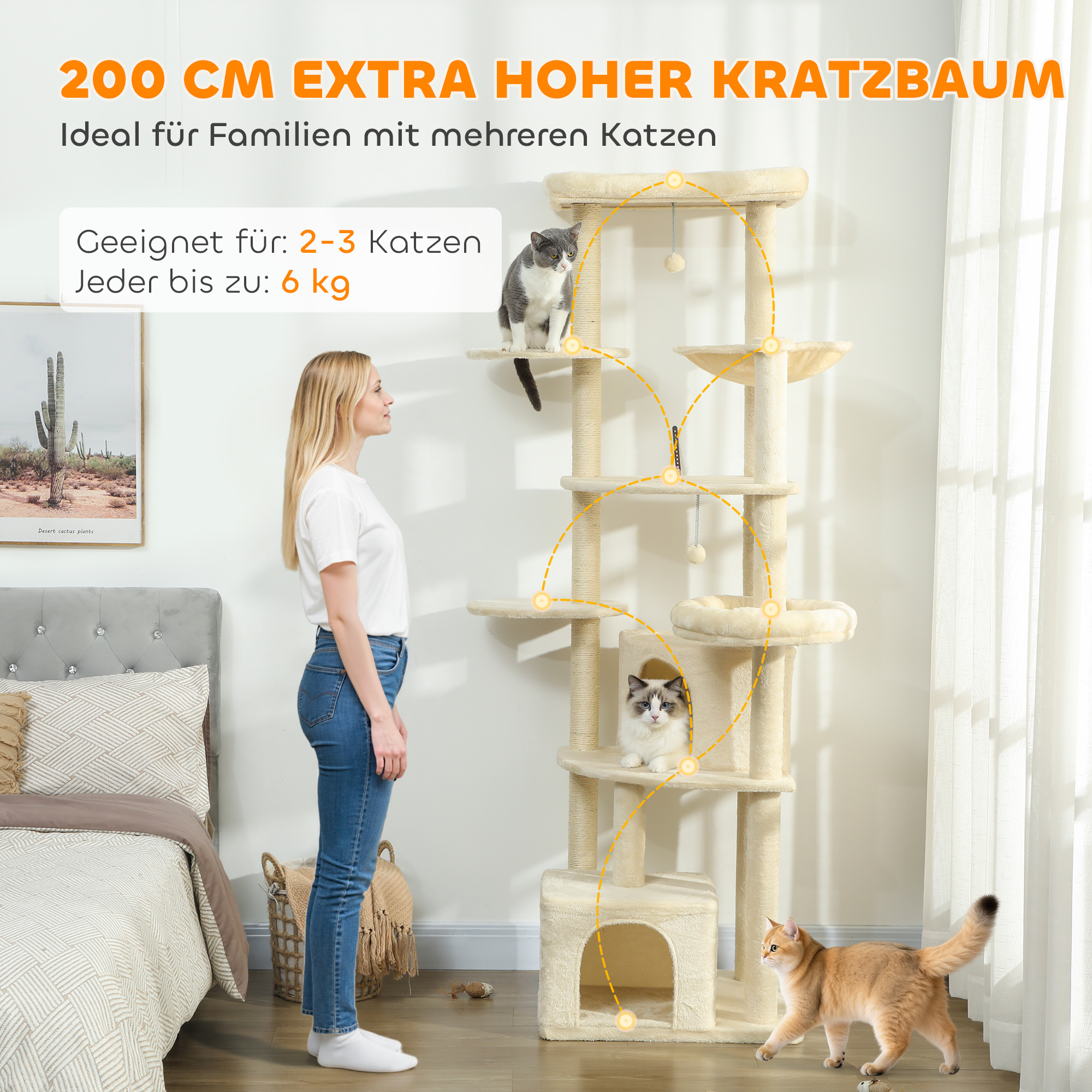 2 Meter hoher Kratzbaum für 2-3 Katzen, Kratzpfosten, Höhlen, Hängematte, Verstecke, mehrstöckiges Design, Sisal, Holz, Plüsch, Beige