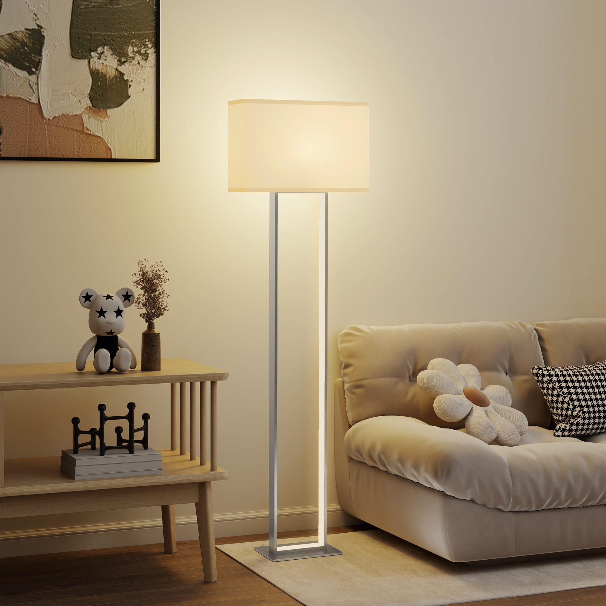 Moderne Stehlampe, 3 Modi, Fußschalter, verstellbare Helligkeit, Leinenoptik, Weiß