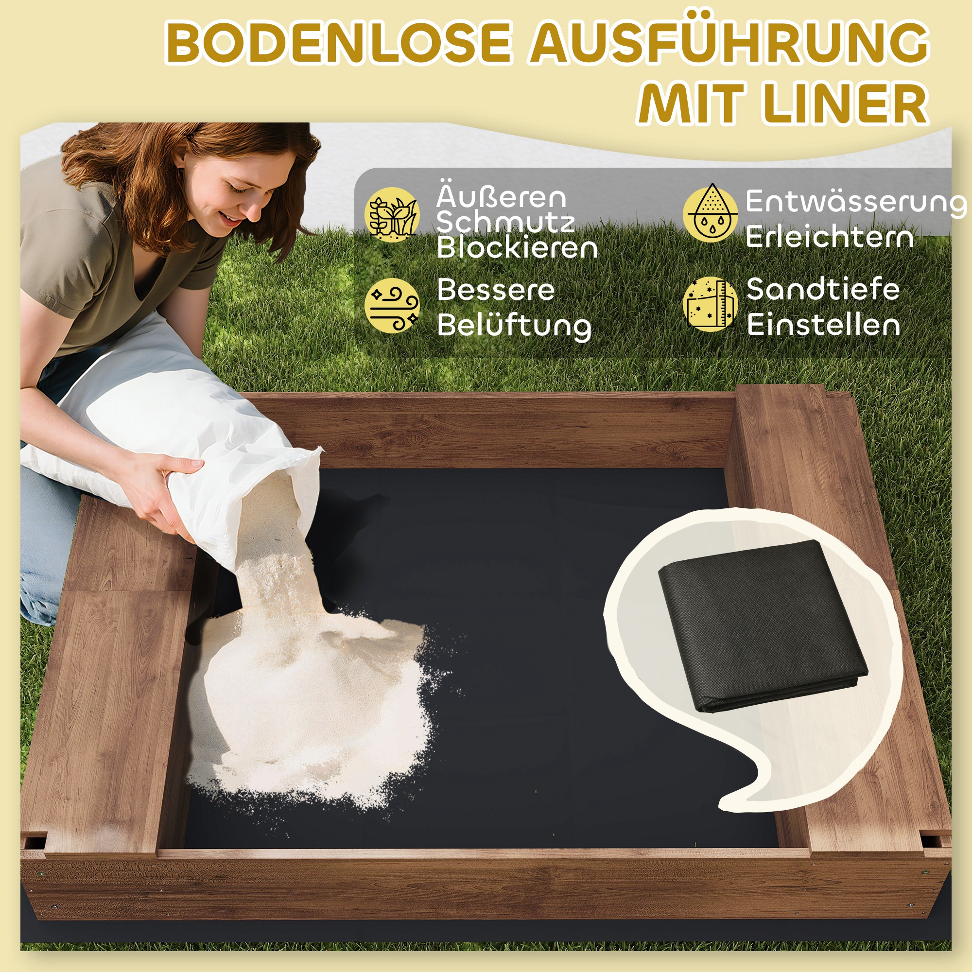 Sandkasten, Sandkiste mit Vordach und Netztür, Sitzbänke, Bodenschutz, Braun