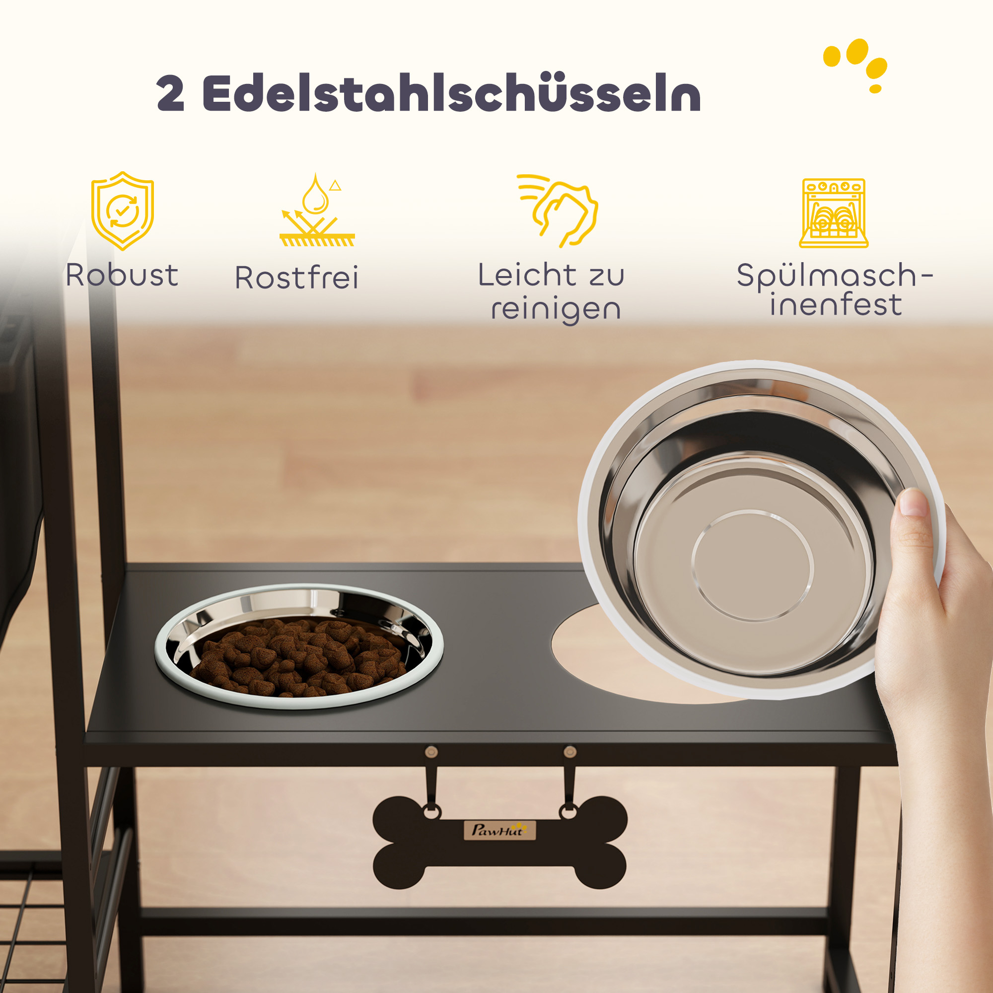erhöhter Hundenapf Höhenverstellbar Futternapf mit Stauraum Wassernapf 2 x 800ml Edelstahlnäpfen 89,5x27x74 cm Schwarz