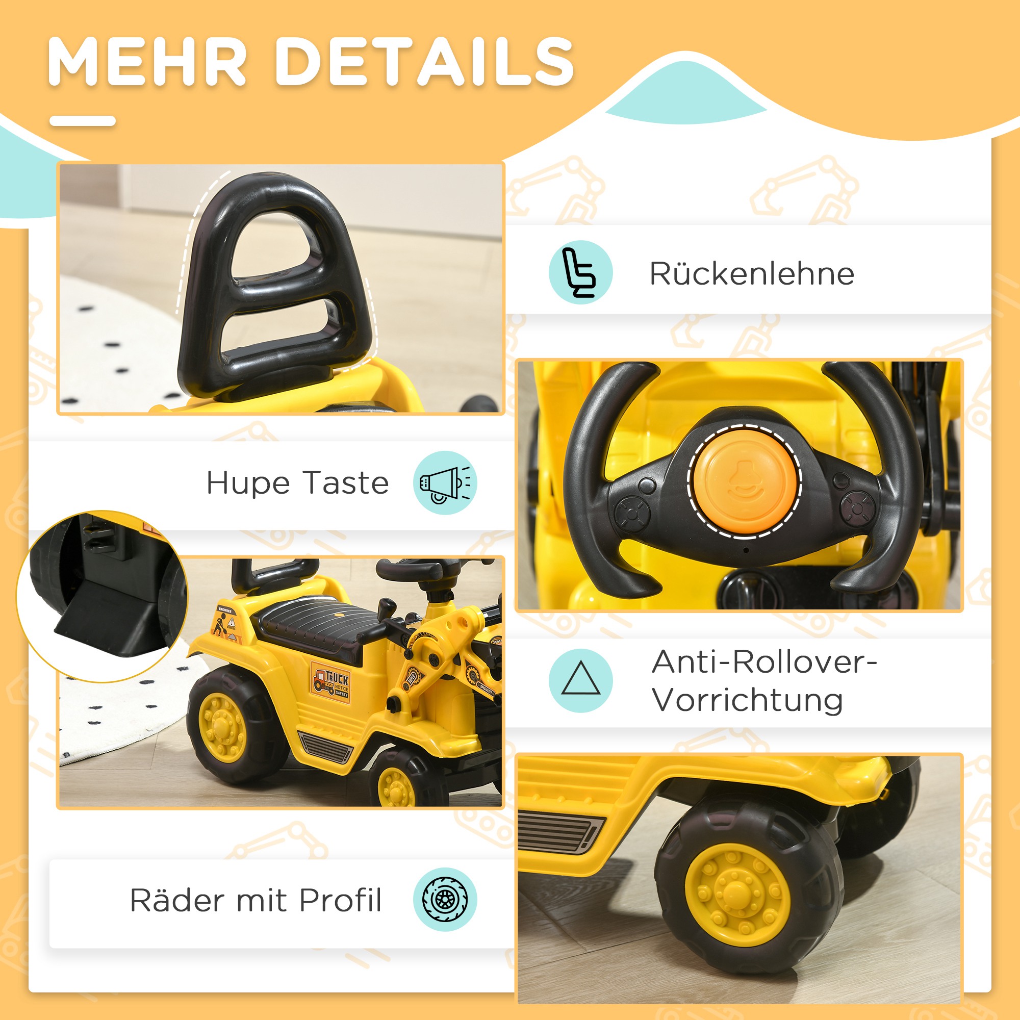 Sitzbagger Aufsitzbagger mit Schaufel Kinderbagger mit Stauraum unter Sitz Rutschauto Spielzeugbagger zum Sitzen bis 30kg, Draufsitzen für Kinder 1,5-4 Jahre Gelb+Schwarz