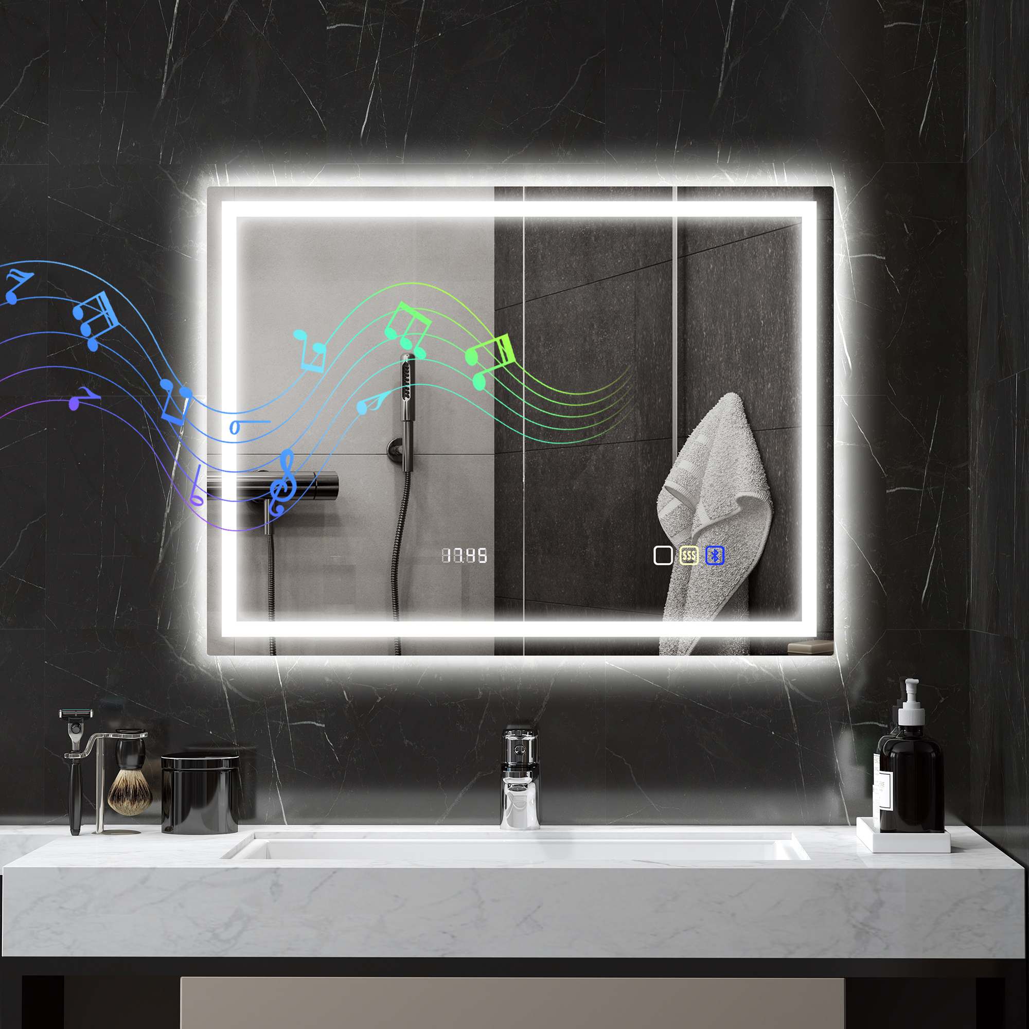 Badezimmerspiegel mit LED-Beleuchtung, Anti-Beschlags-Pad, 3 verstellbare Farben, Uhr, 600 x 800 mm, Silberfarben