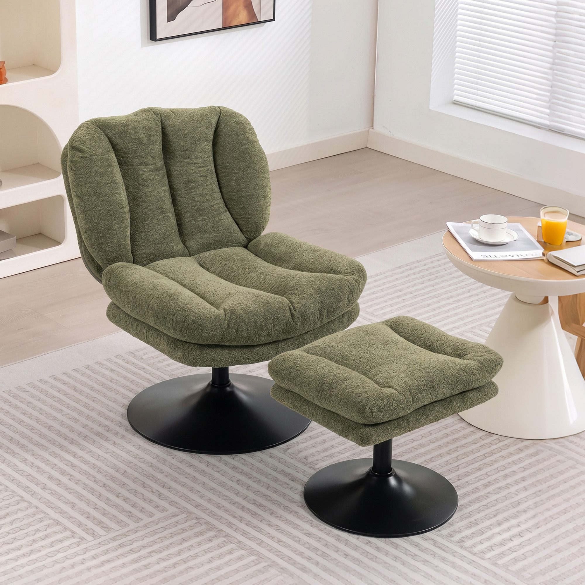 Loungesessel mit Hocker, 360° drehbar, aus Raindrop-Samt, höhenverstellbarer Fußhocker, Grün