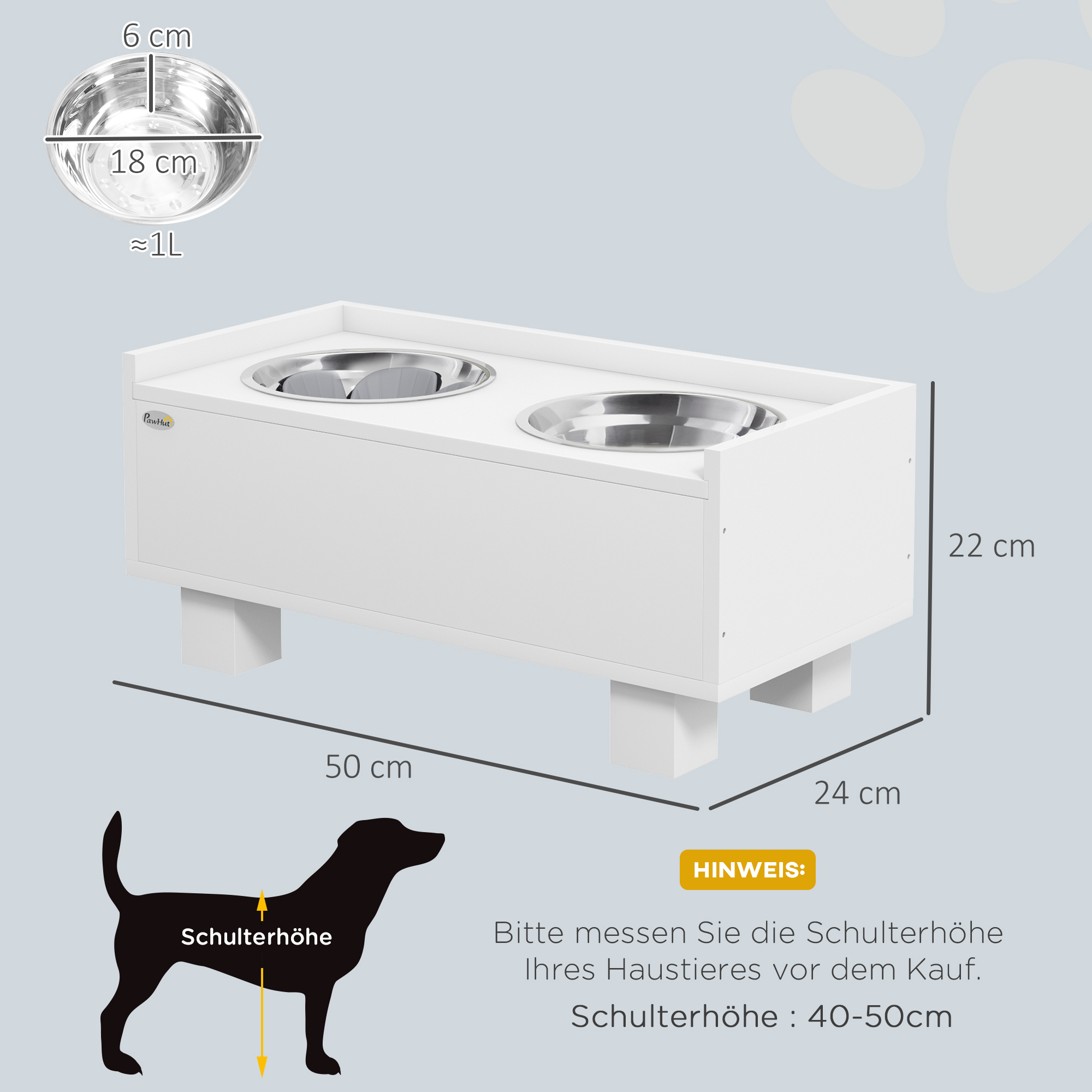 Erhöhte Fütterungsstation für Hunde, mit abnehmbarer Slow-Feeder-Matte, 2 Aluminiumschüsseln, Stauraum, Weiß