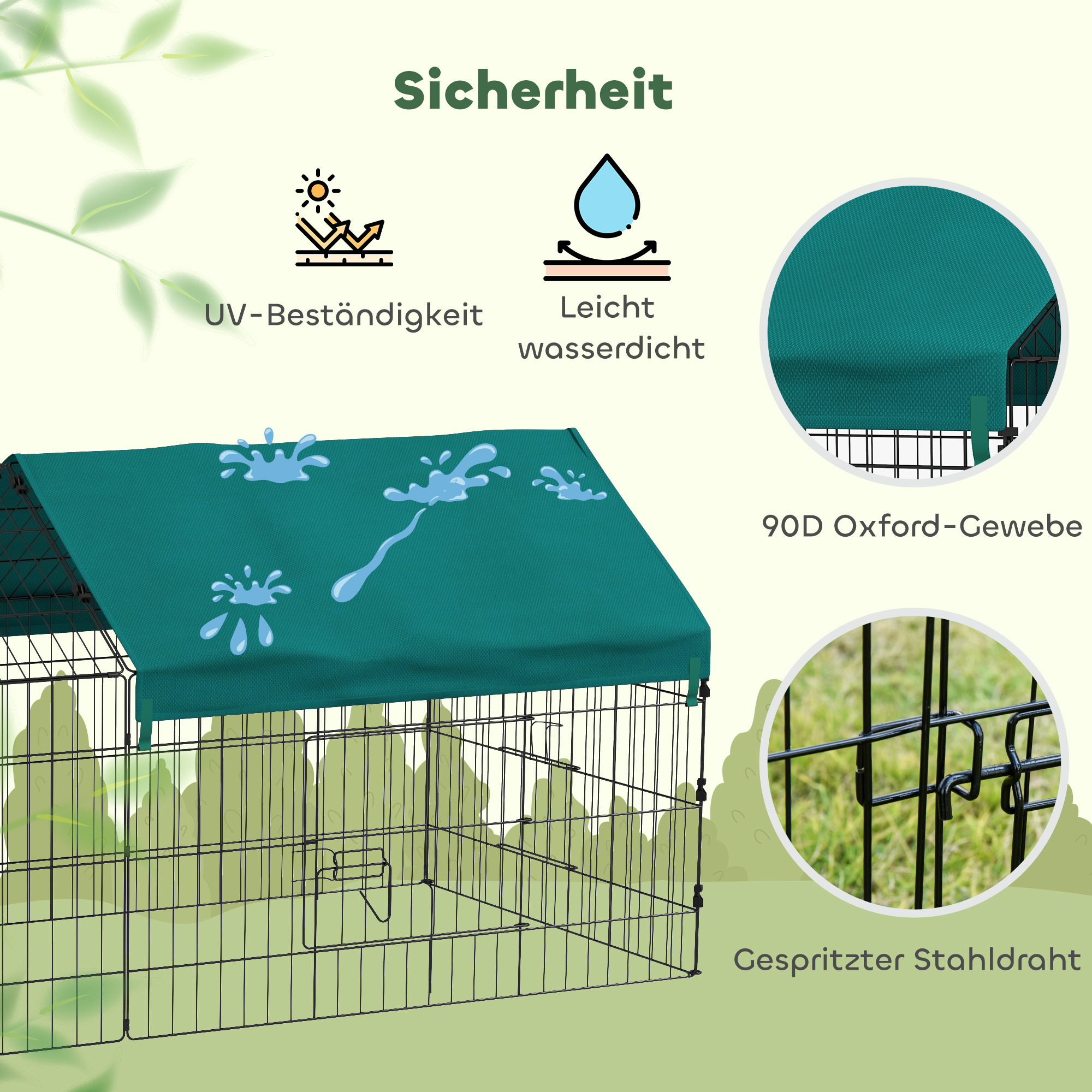 Kleintiergehege mit Dach, 4 Türen, wetterfest, Stahl/Polyester, 185x75x75cm, Schwarz/Grün