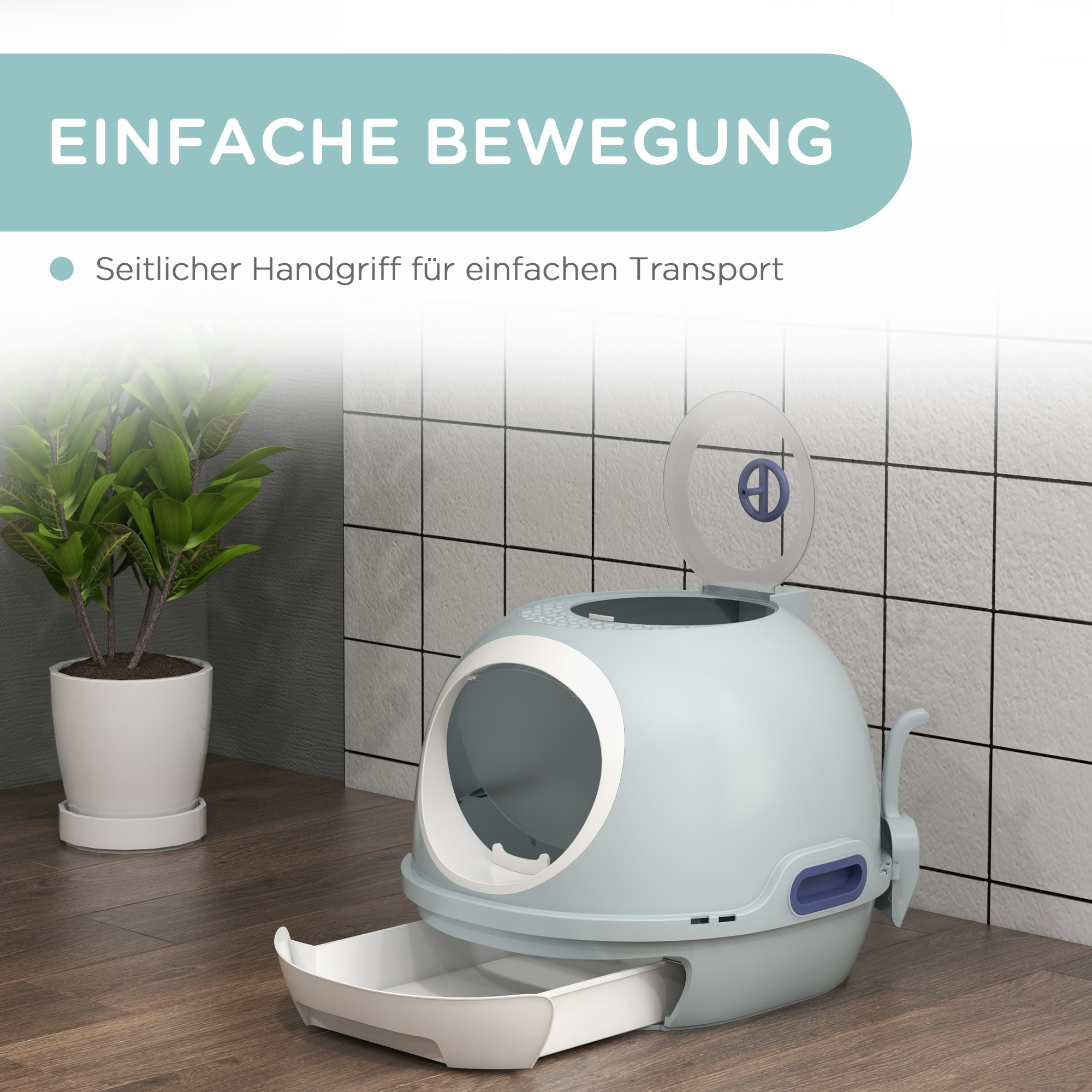 Katzentoilette mit Dachfenster, Katzenklo mit Bodenschale, mit Schaufel, Tragbar, PP ABS, See-Blau, 47 x 55 x 44 cm