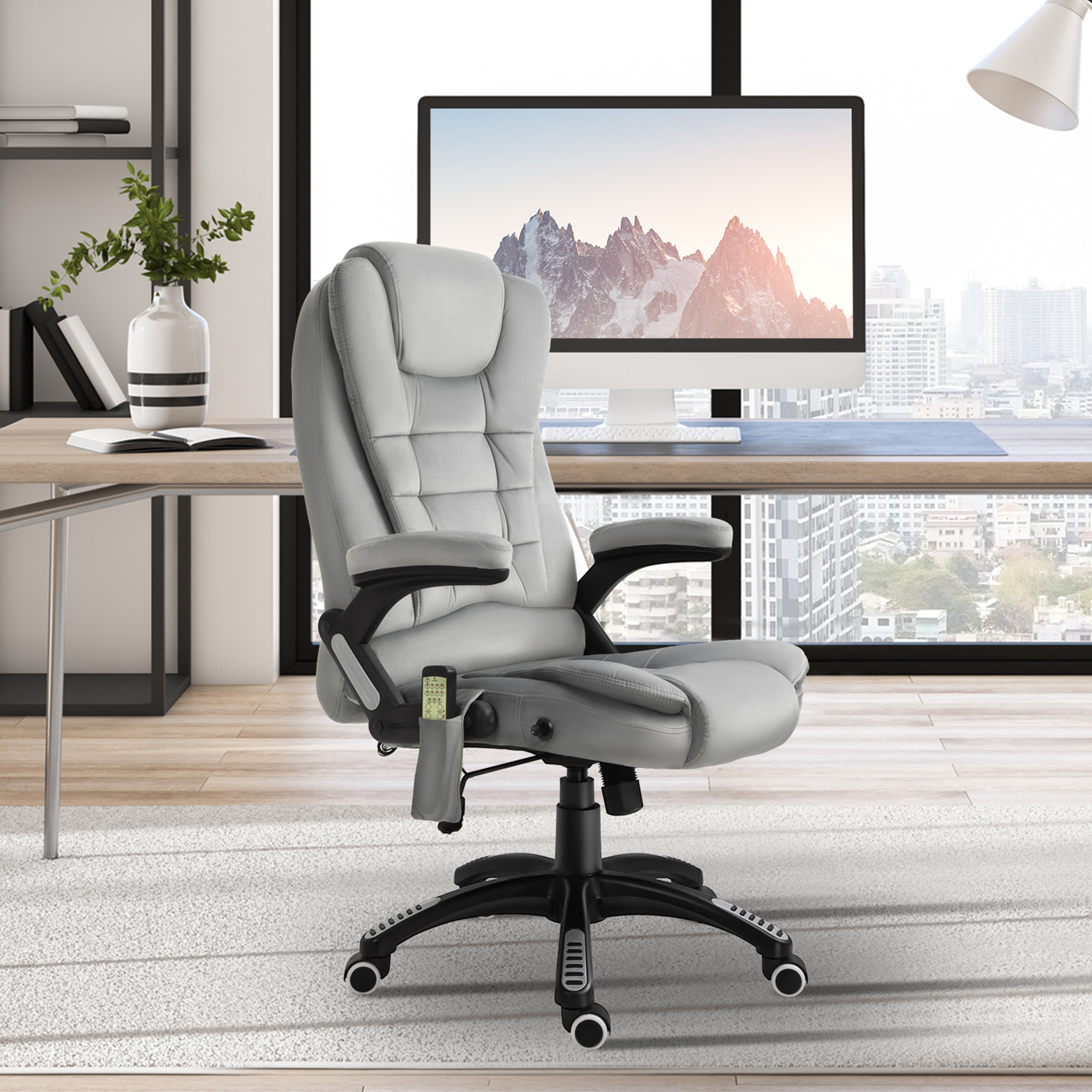 Bürostuhl mit Massagefunktion Ergonomischer Chefsessel mit Heizfunktion, Liegefunktion, Wippfunktion Höhenverstellbar 360° Drehbar Computerstuhl mit Seitentasche, Samtoptik, Grau